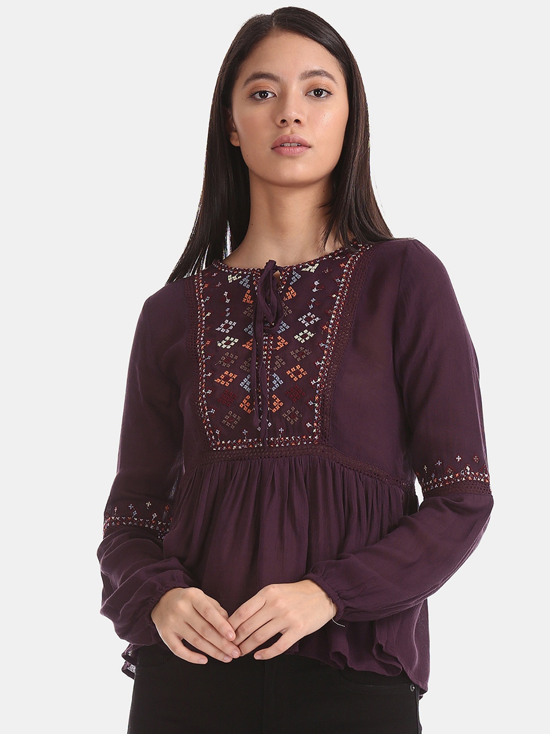 

Aeropostale Women Burgundy Embroidered A-Line Top with Gathers