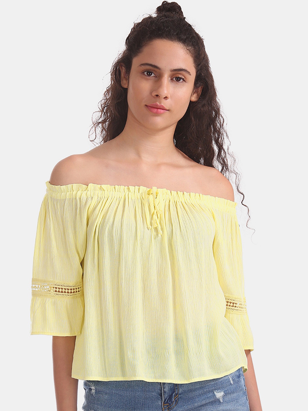 

Aeropostale Women Yellow Solid Bardot Top with Gathered And Cut-Out Detail