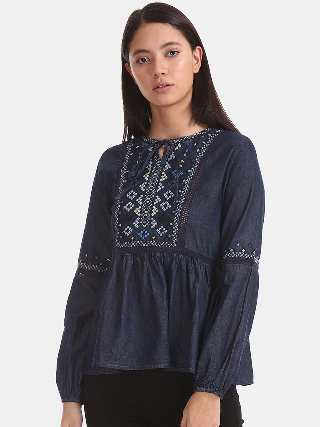 

Aeropostale Women Navy Blue Embroidered Pure Cotton Top with Gathers
