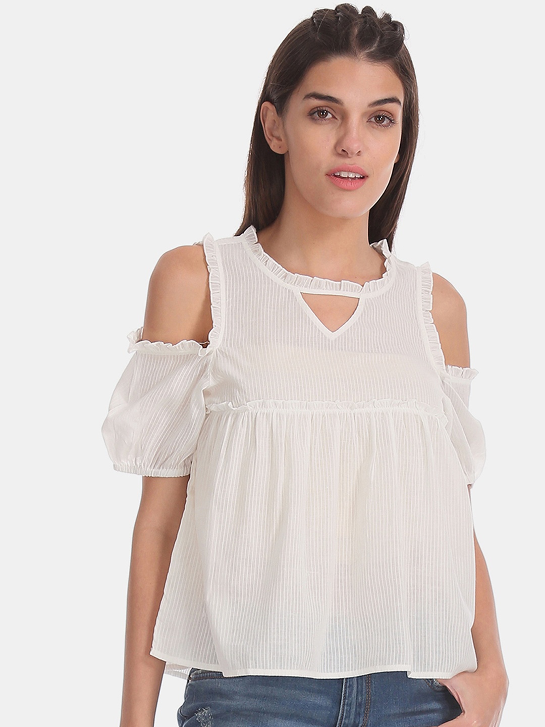 

Aeropostale Women Off-White Self-Striped Cold-Shoulder Sleeves Ruffle A-Line Pure Cotton Top