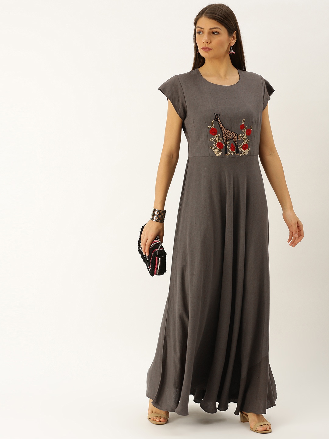 

Varanga Women Grey Embroidered Cap Sleeve Maxi Dress