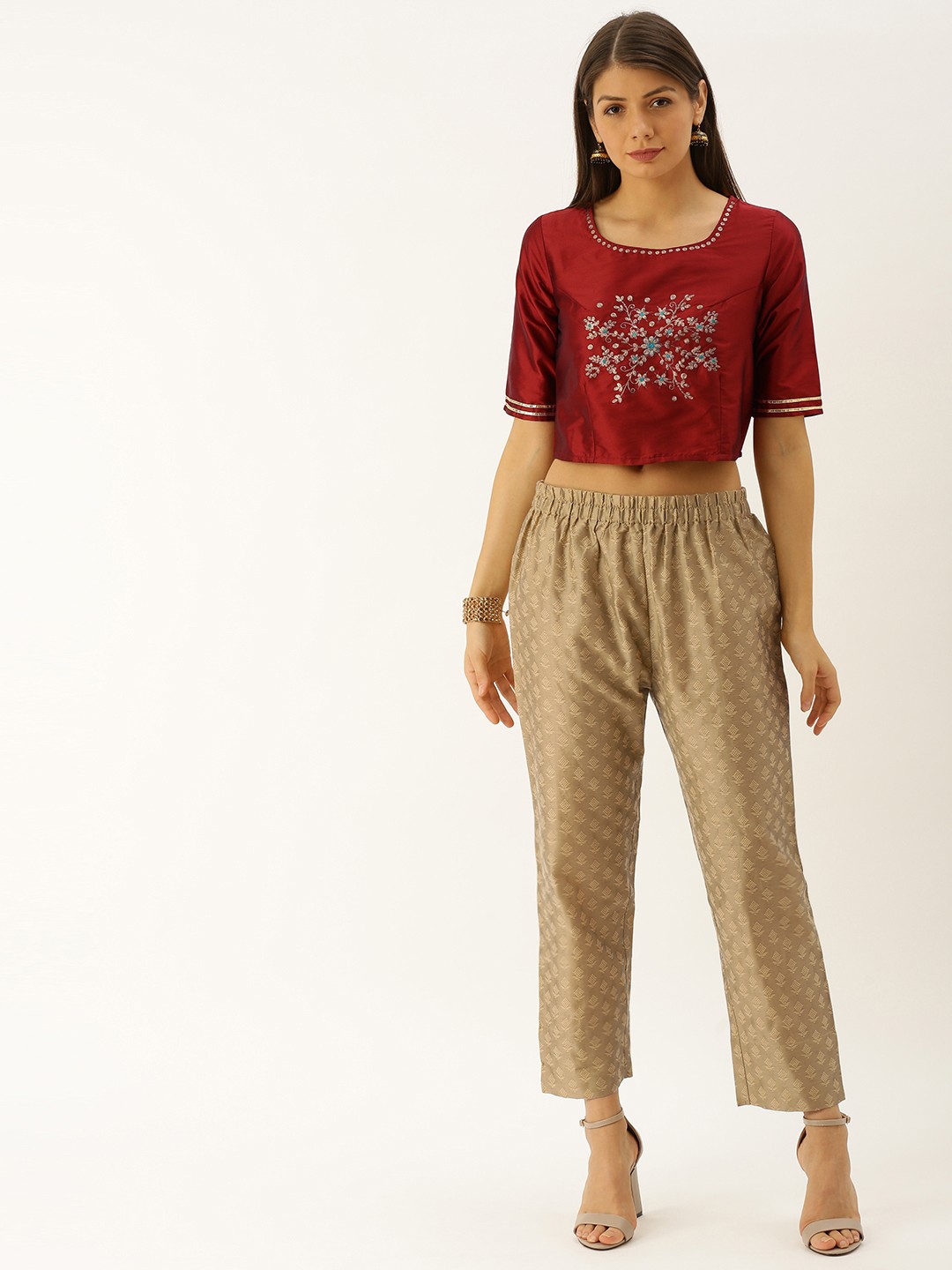 

Varanga Women Maroon & Beige Self Design Top with Trousers