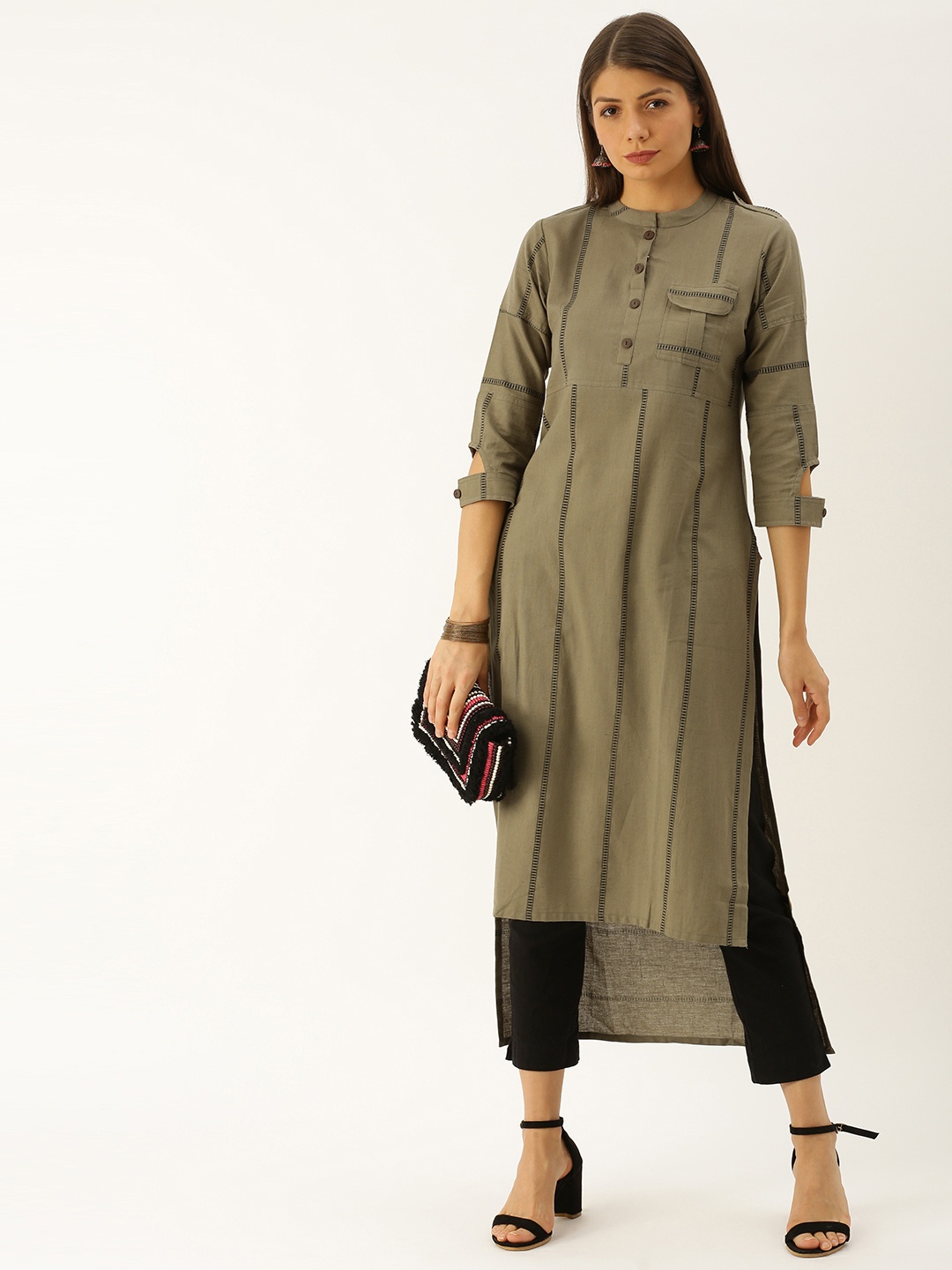 

Varanga Women Olive Green & Black Striped Straight Kurta With High-Low Hem