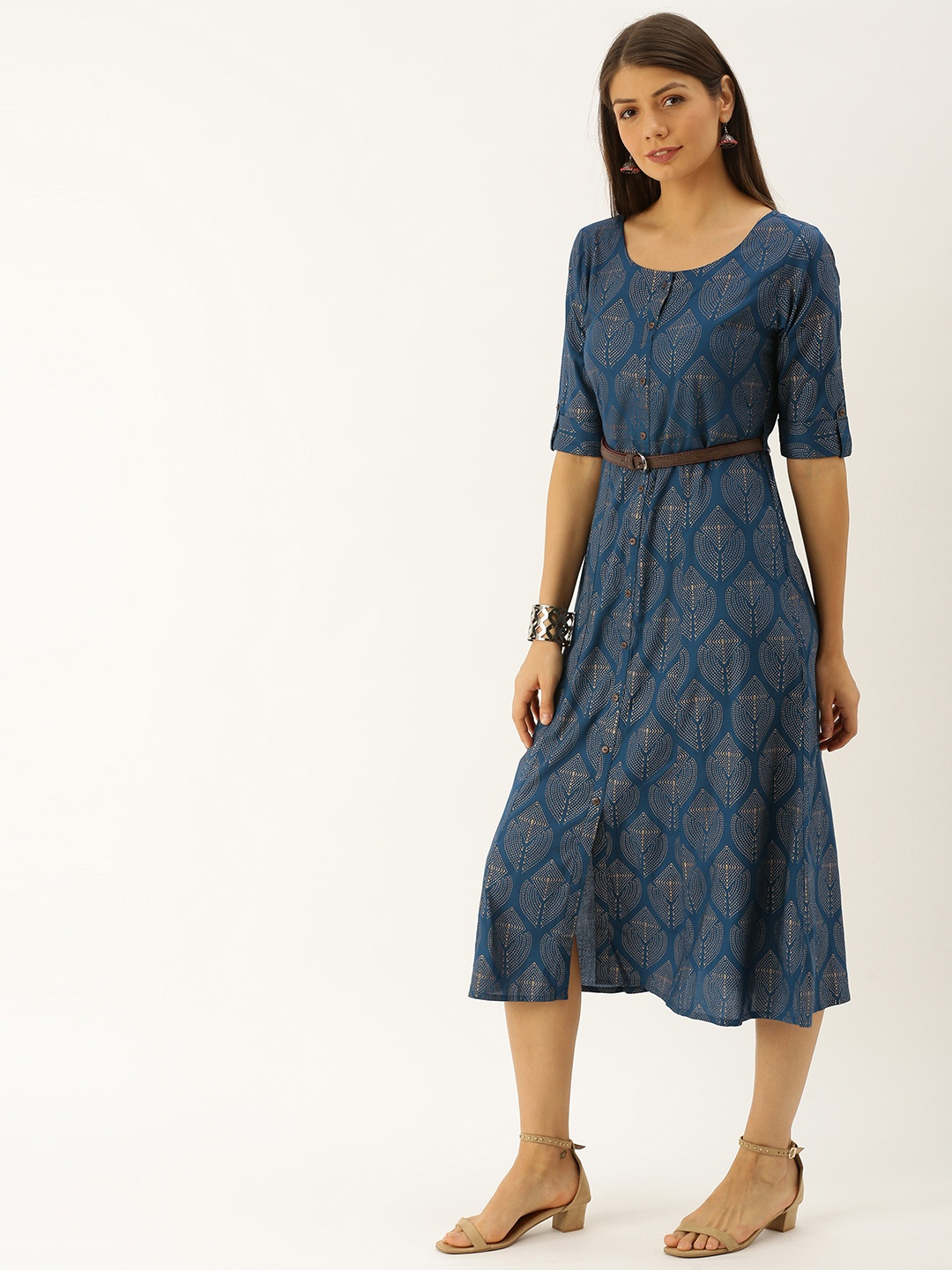 

Varanga Women Teal Blue & Gold-Coloured Printed A-line Dress