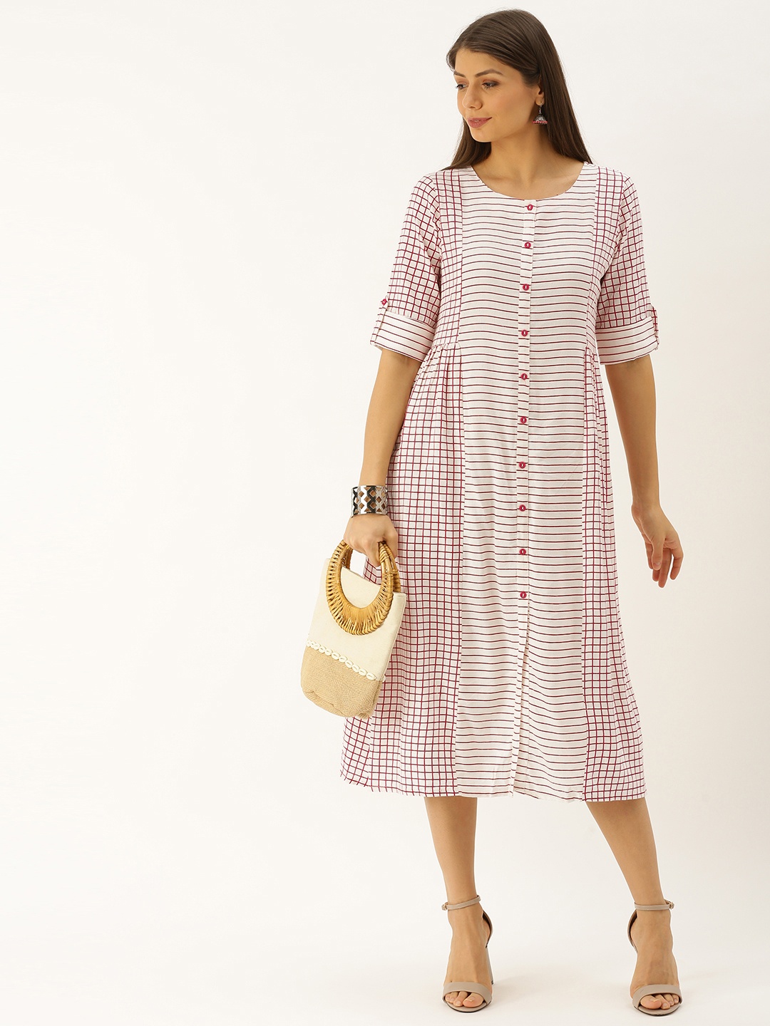 

Varanga Women Off-White & Red Checked A-Line Dress
