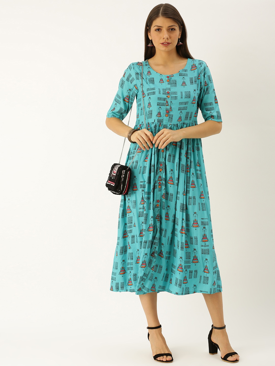 

Varanga Women Turquoise Blue & Black Printed A-Line Dress with Gathered Detail
