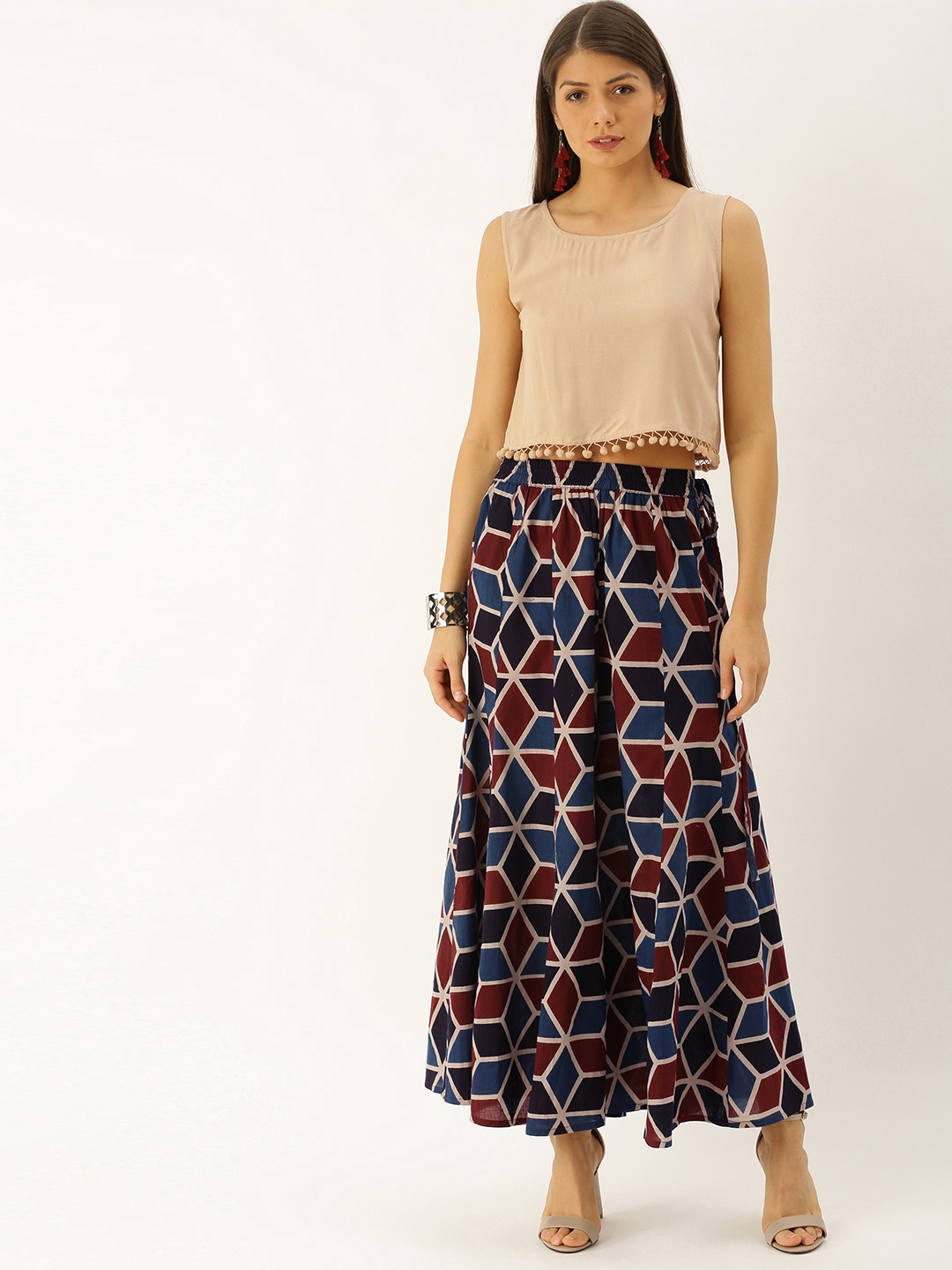 

Varanga Women Beige & Blue Solid Crop Top with Palazzos