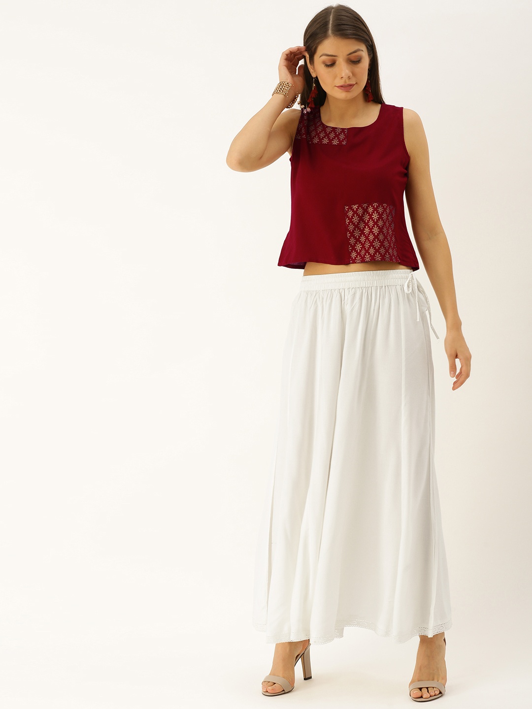 

Varanga Women Maroon & White Solid Top with Palazzos