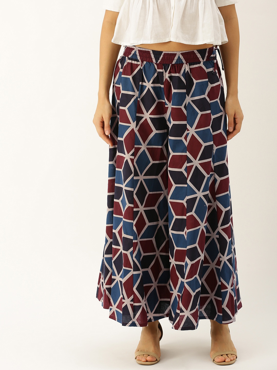 

Varanga Women Blue & Maroon Printed Flared Palazzos