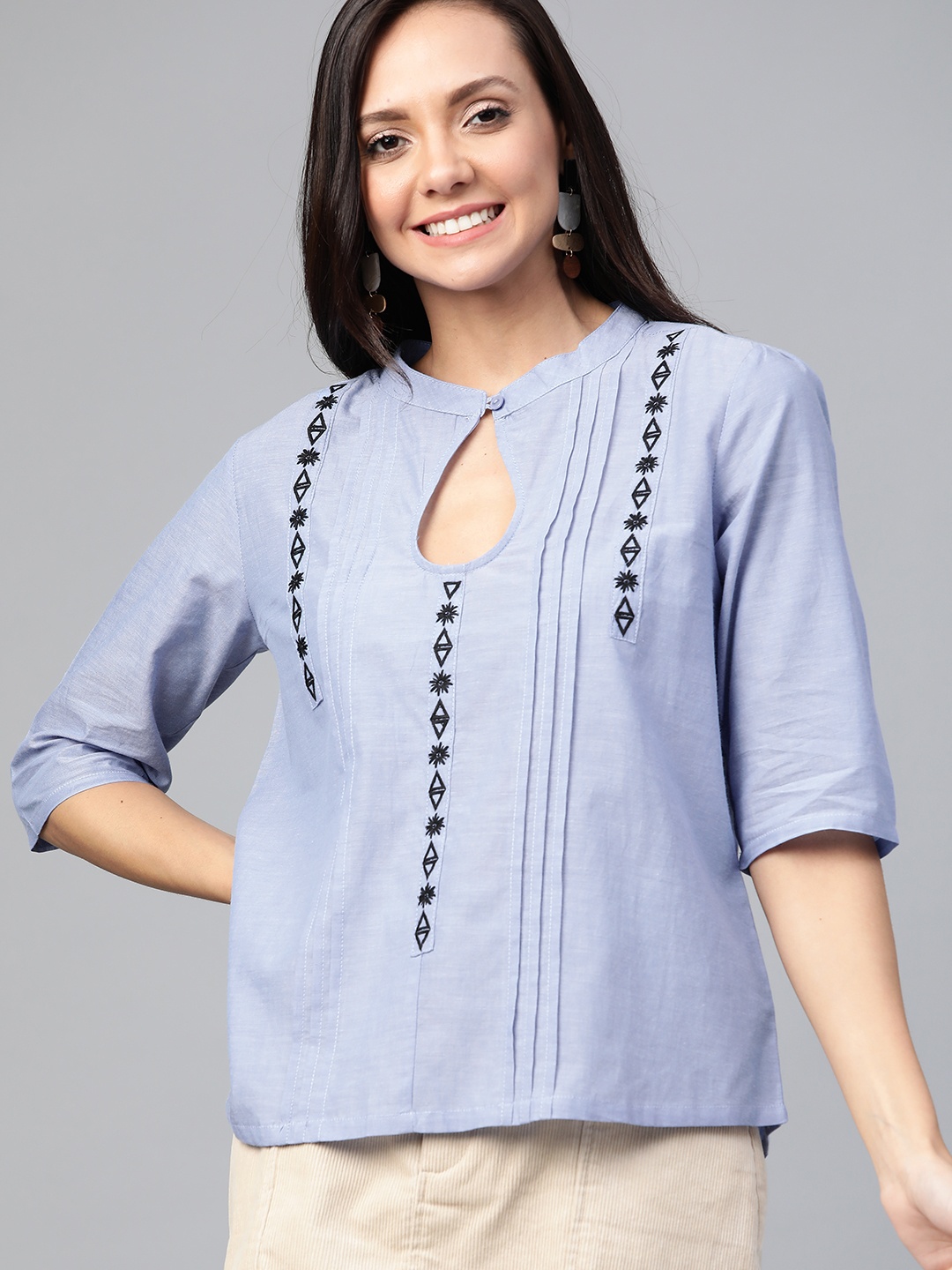 

HERE&NOW Women Blue Solid Pure Cotton Top