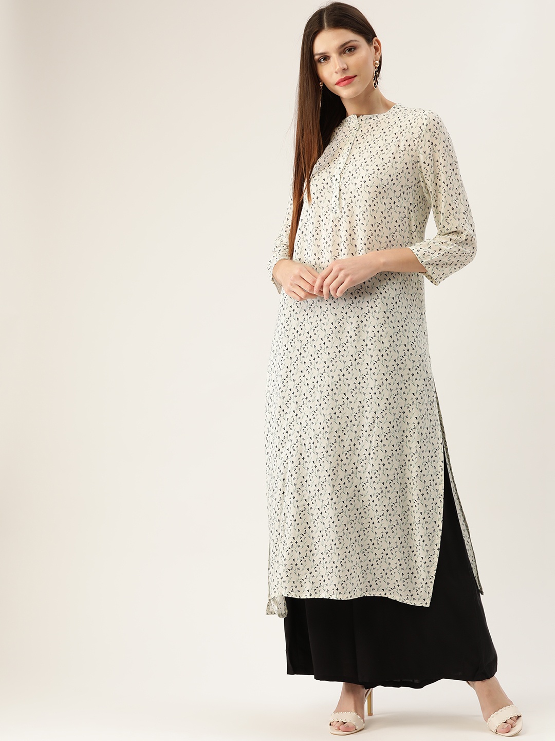 

HERE&NOW Women Off-White & Black Printed Kurta with Palazzos