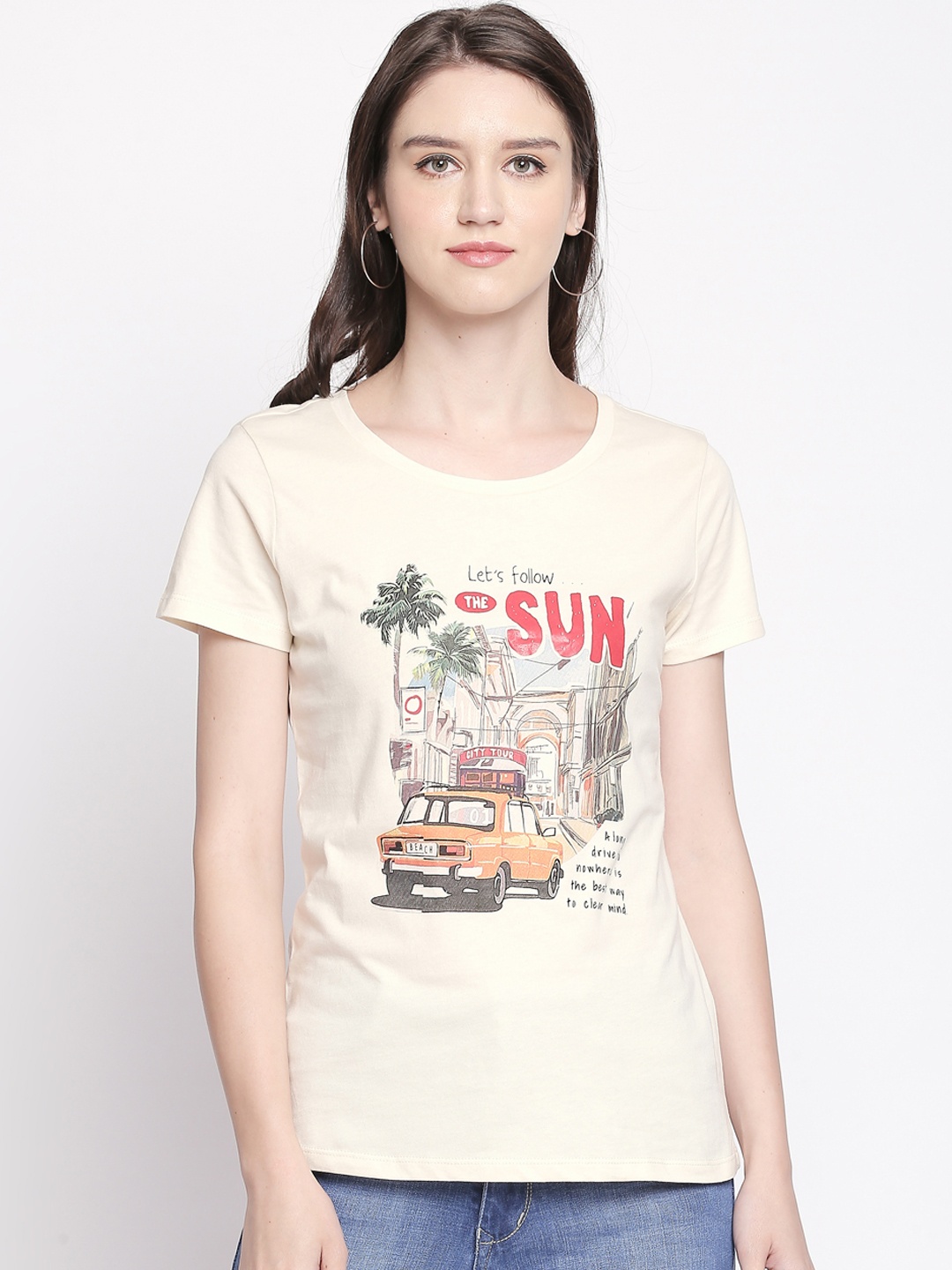 

Honey by Pantaloons Women Beige Printed Round Neck Pure Cotton T-shirt