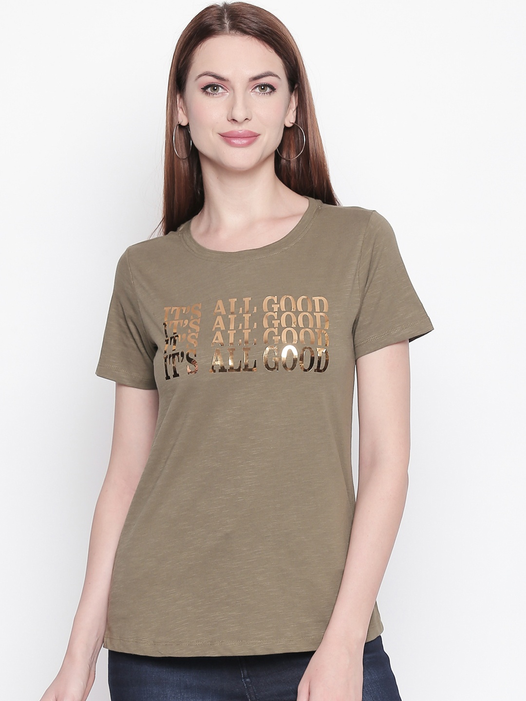 

Honey by Pantaloons Women Olive Green Gold Printed Round Neck Pure Cotton T-shirt