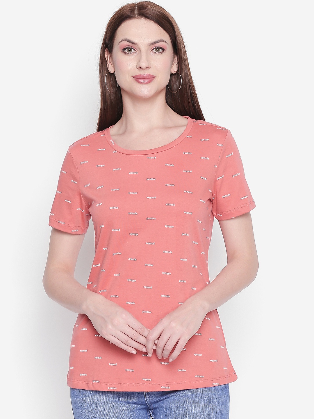 

Honey by Pantaloons Women Pink Off-White Printed Round Neck Pure Cotton T-shirt