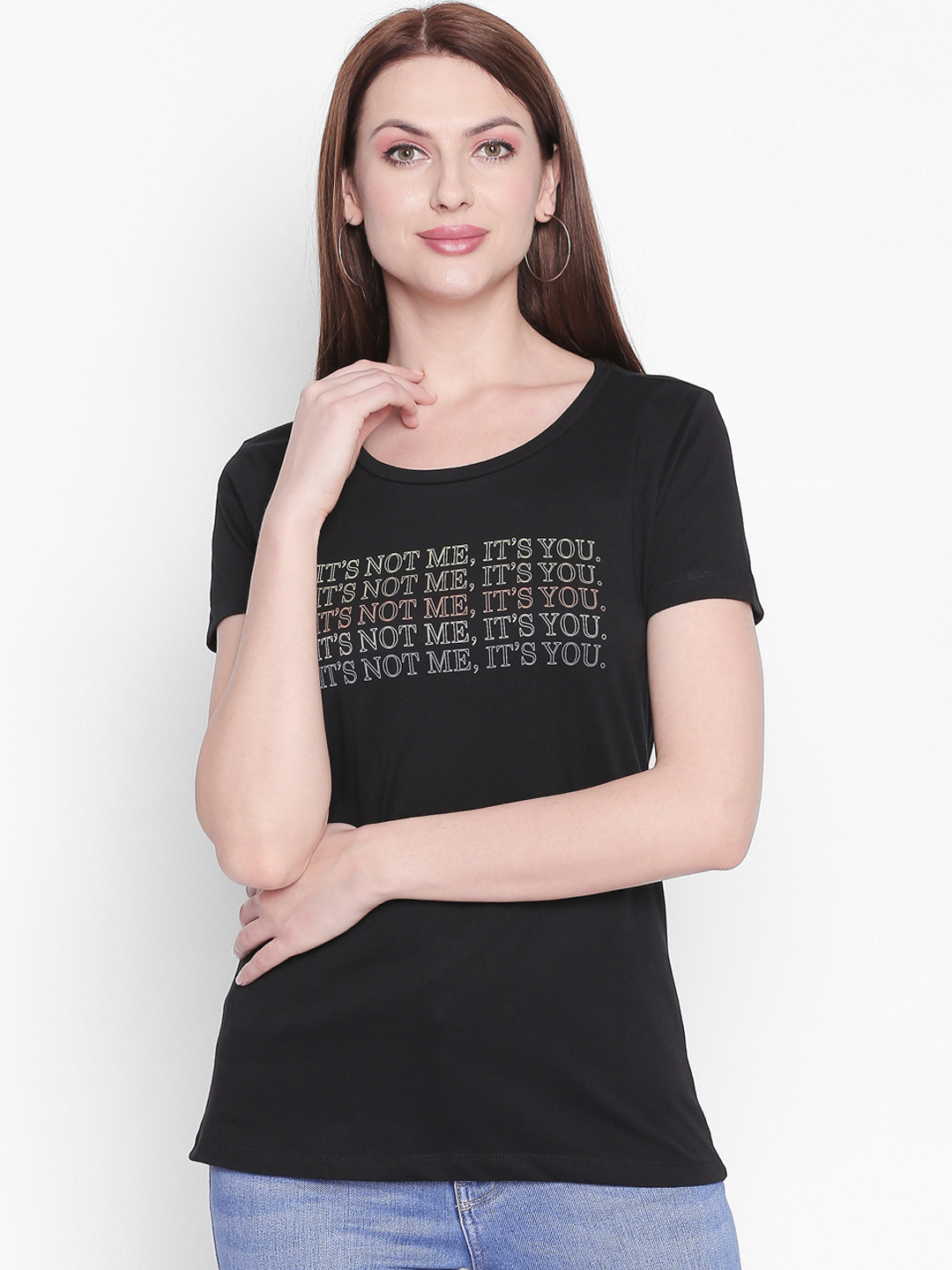 

Honey by Pantaloons Women Black Off-White Printed Round Neck Pure Cotton T-shirt