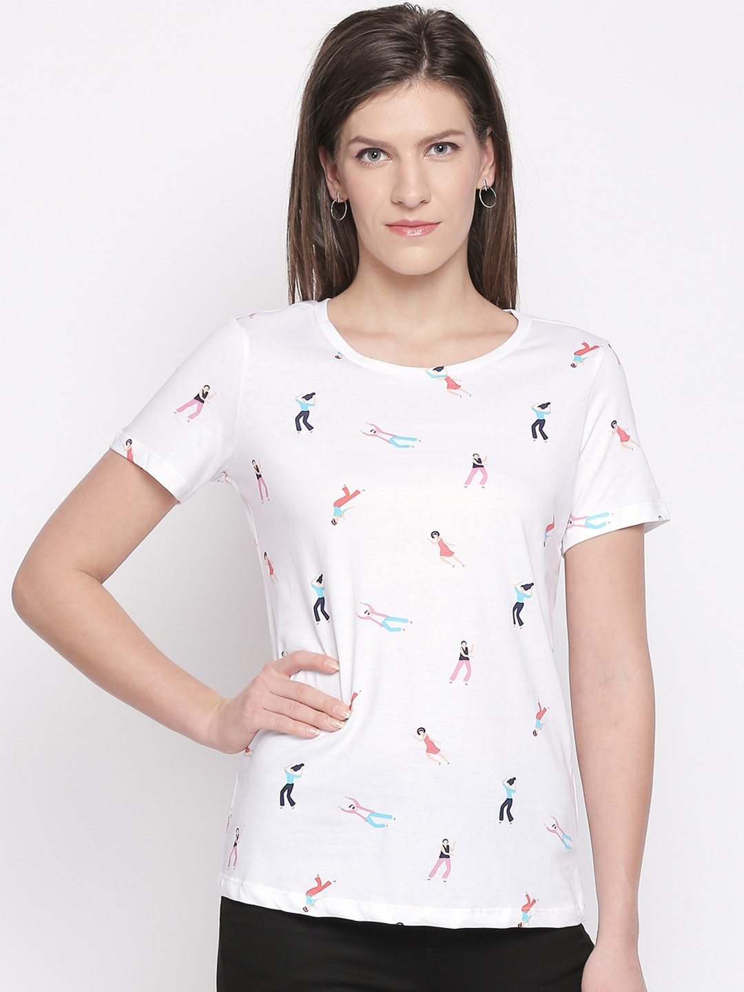 

Honey by Pantaloons Women White Blue Printed Round Neck Pure Cotton T-shirt
