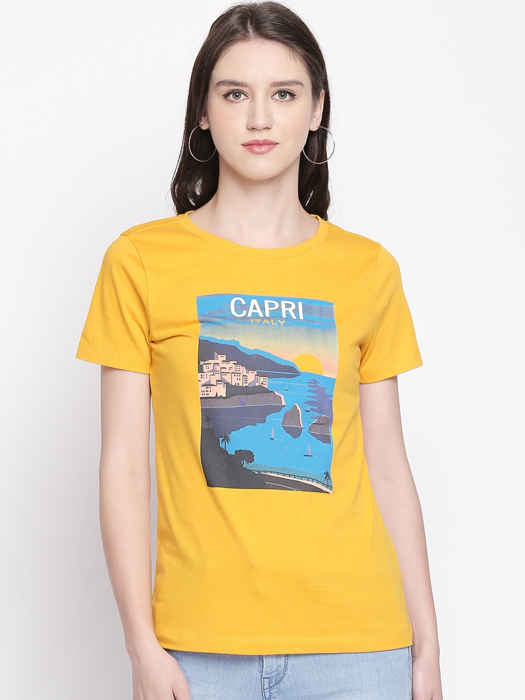 

Honey by Pantaloons Women Yellow Blue Printed Round Neck Pure Cotton T-shirt