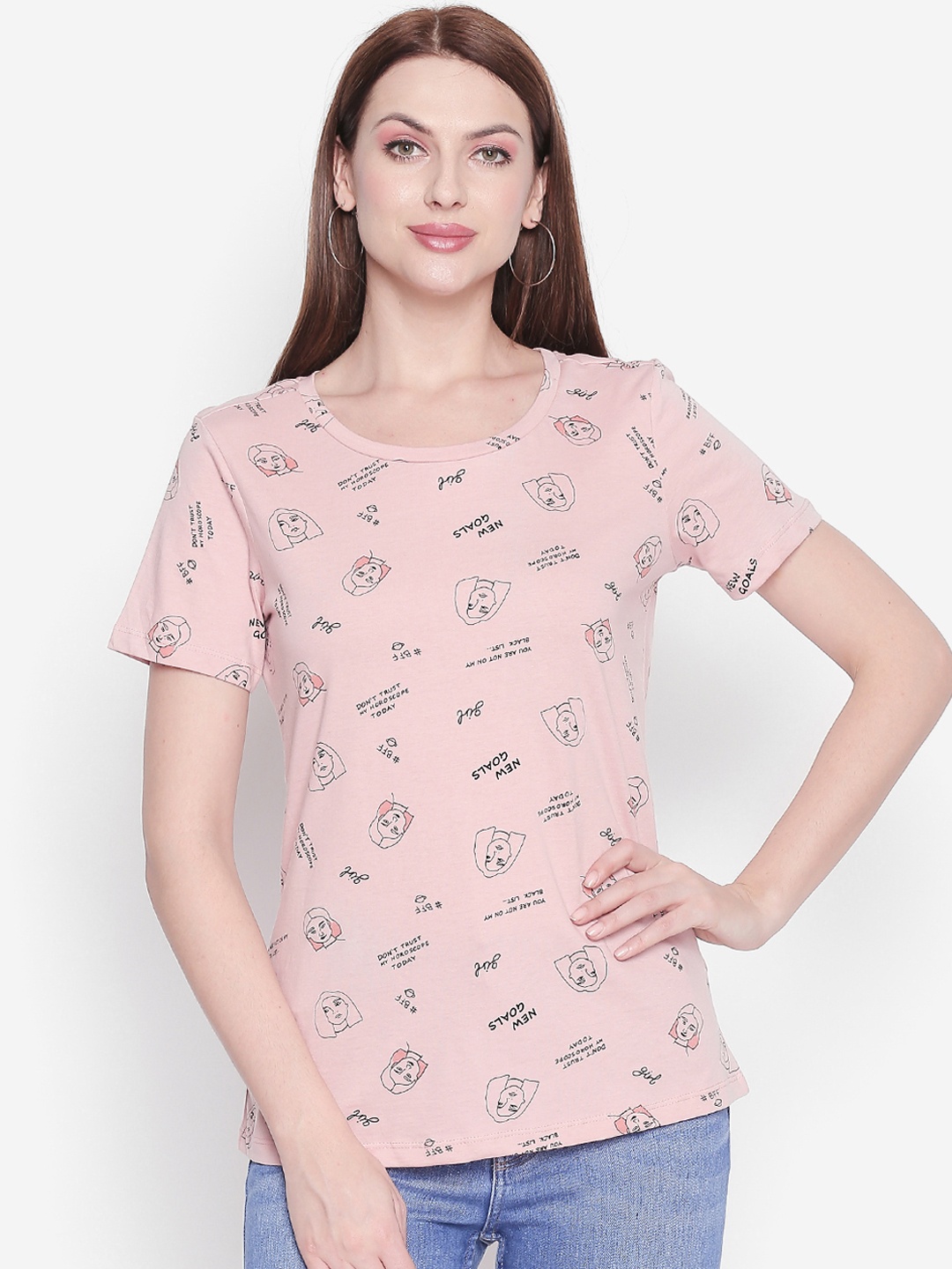 

Honey by Pantaloons Women Pink Black Printed Round Neck Pure Cotton T-shirt