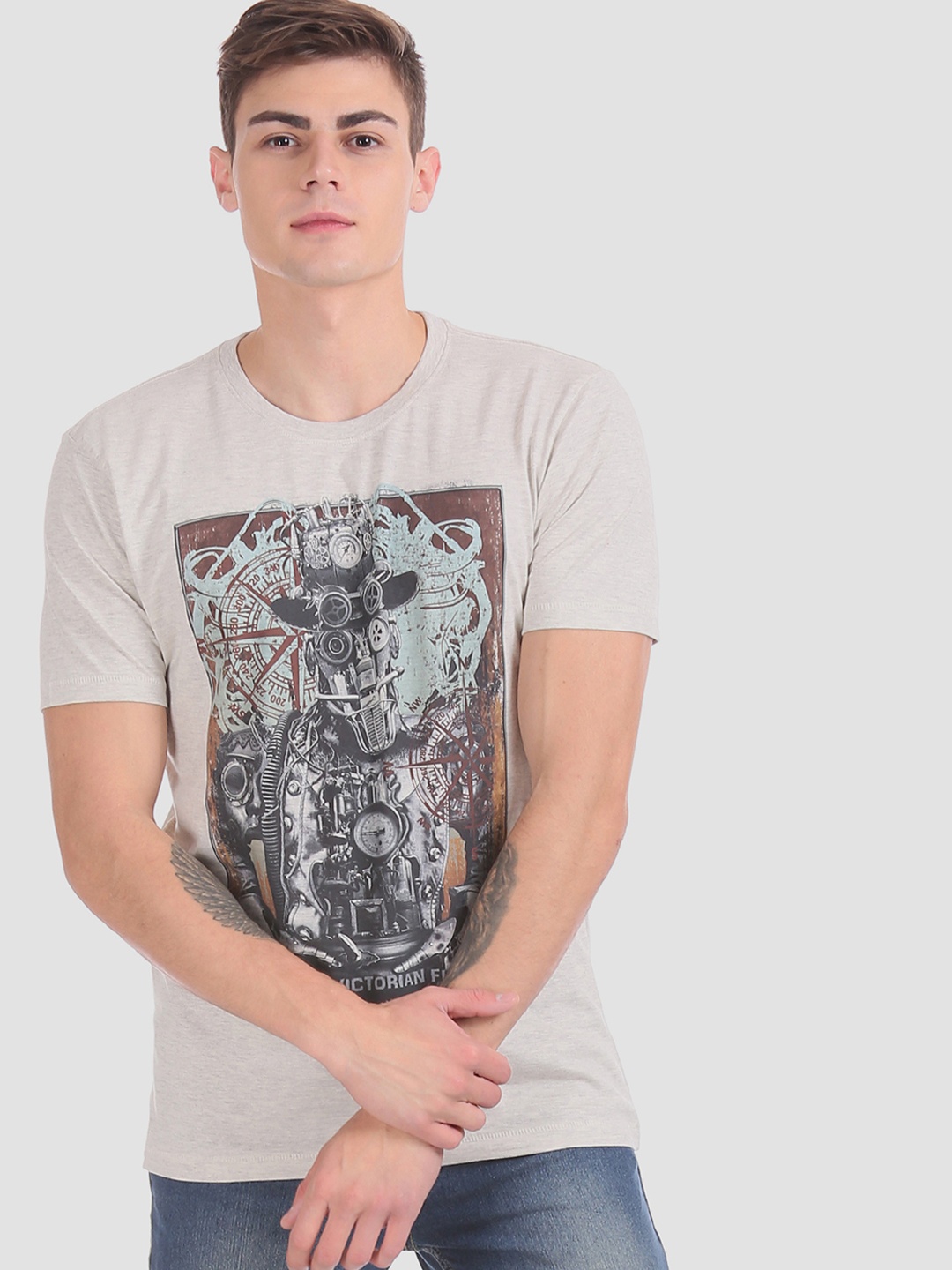 

Newport Men Grey Printed Round Neck T-shirt