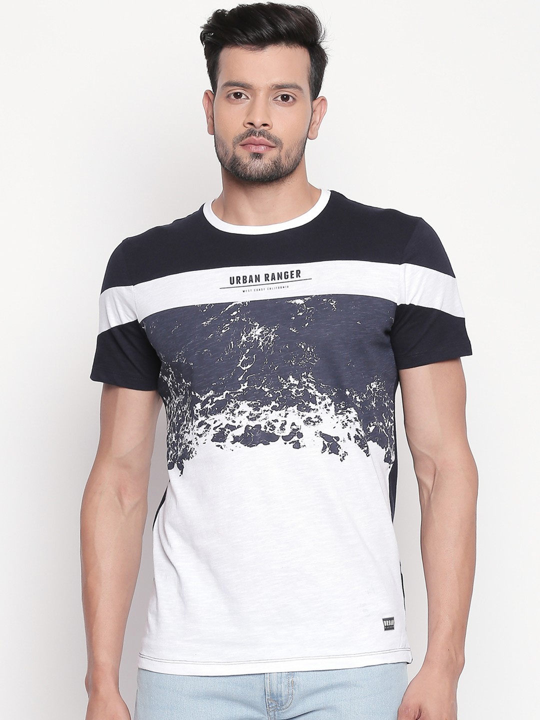 

Urban Ranger by pantaloons Men Navy Blue Colourblocked Round Neck Pure Cotton T-shirt