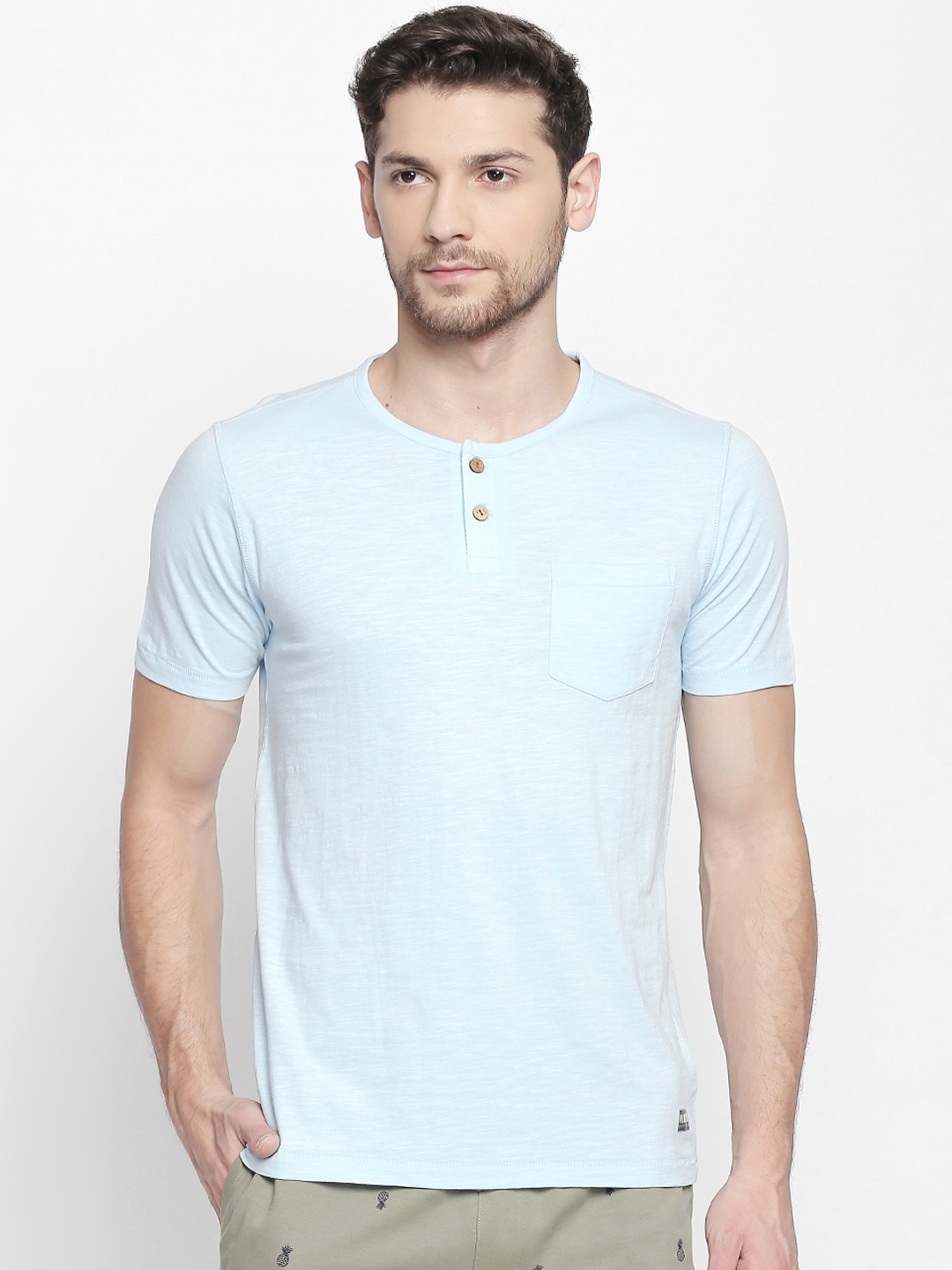 

Urban Ranger by pantaloons Men Blue Solid Henley Neck Pure Cotton T-shirt