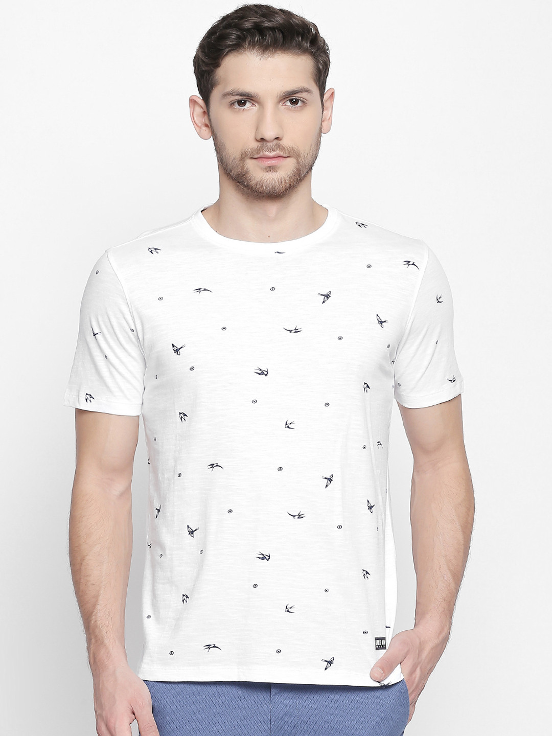 

Urban Ranger by pantaloons Men White Slim Fit Printed Round Neck Pure Cotton T-shirt