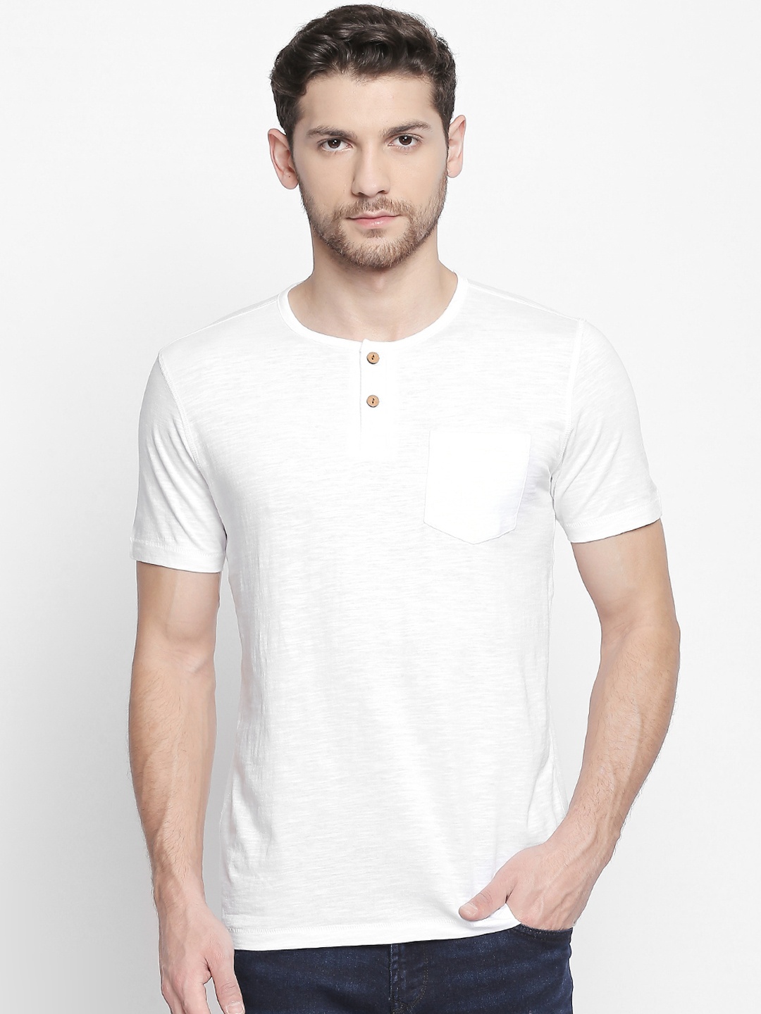 

Urban Ranger by pantaloons Men White Solid Henley Neck Pure Cotton T-shirt