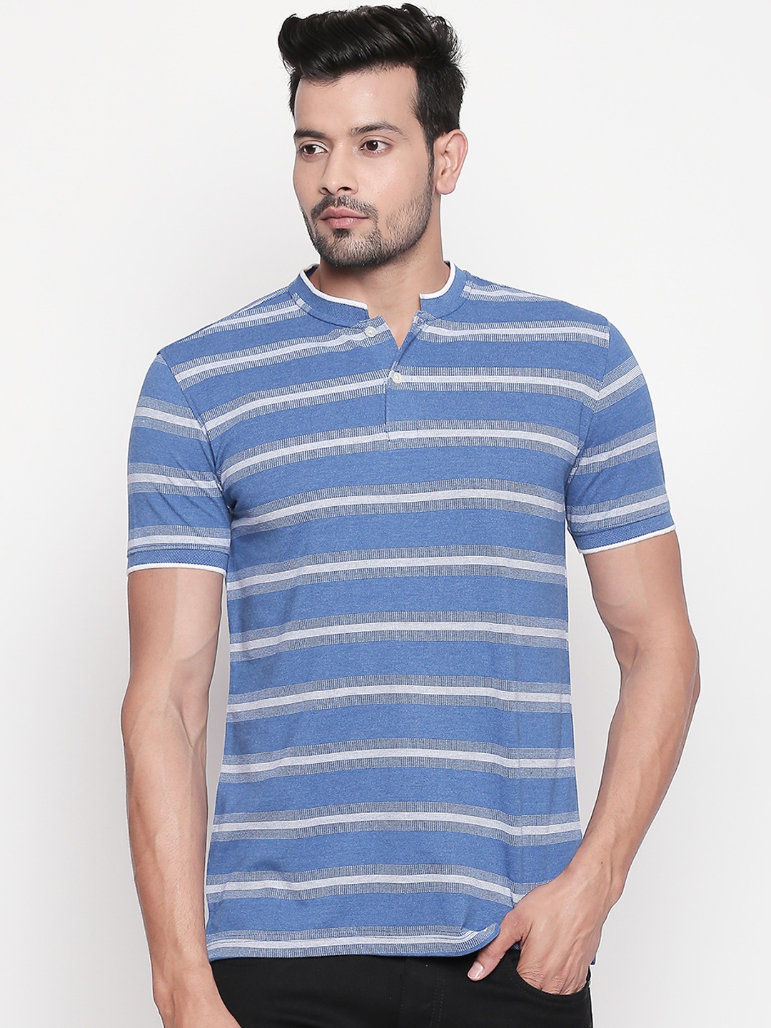 

BYFORD by Pantaloons Men Blue Striped Mandarin Collar T-shirt