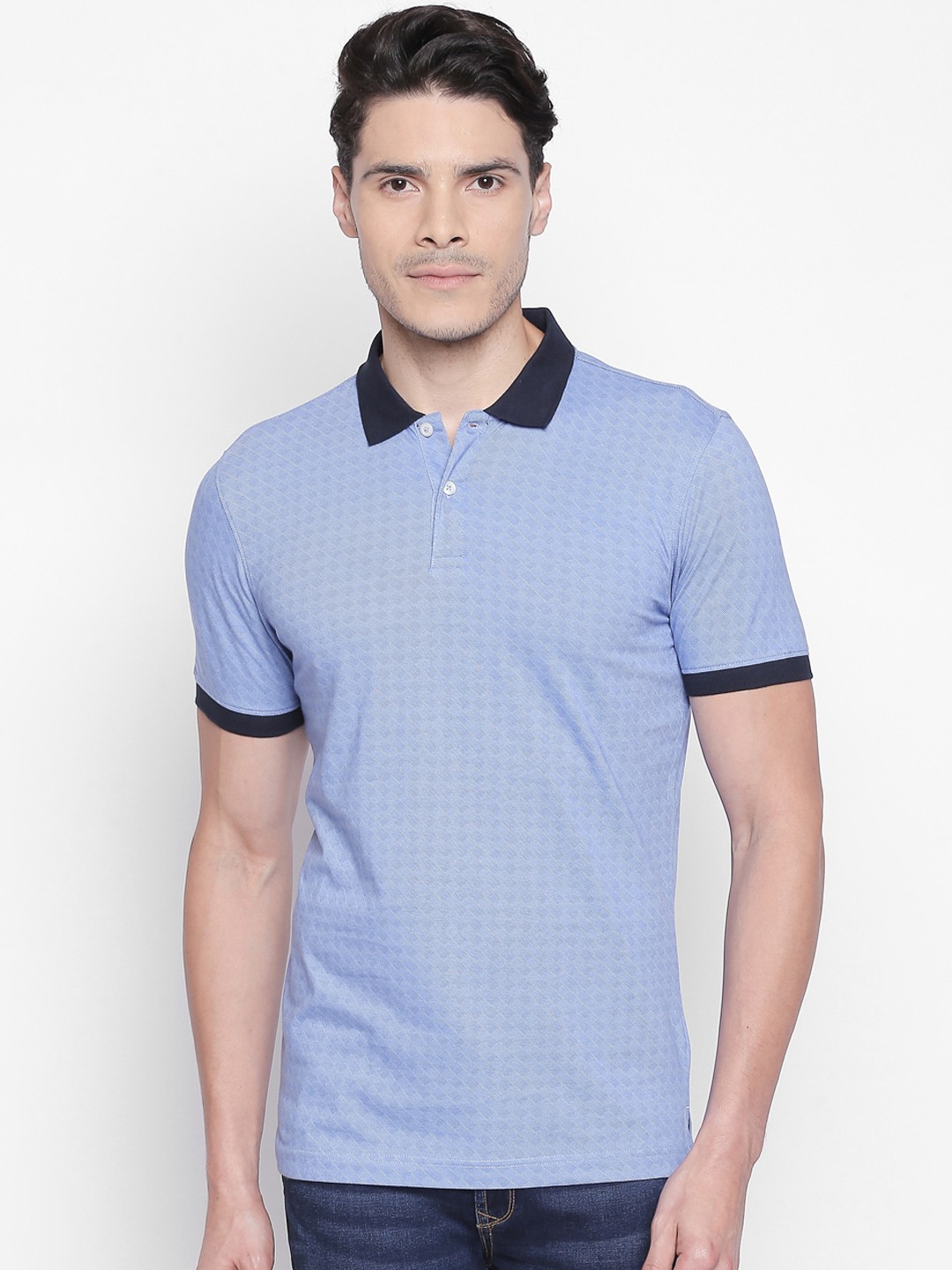 

BYFORD by Pantaloons Men Blue Self Design Polo Collar Pure Cotton T-shirt
