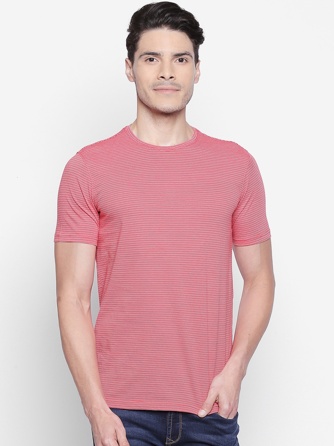 

BYFORD by Pantaloons Men Coral Red White Striped Round Neck Pure Cotton T-shirt
