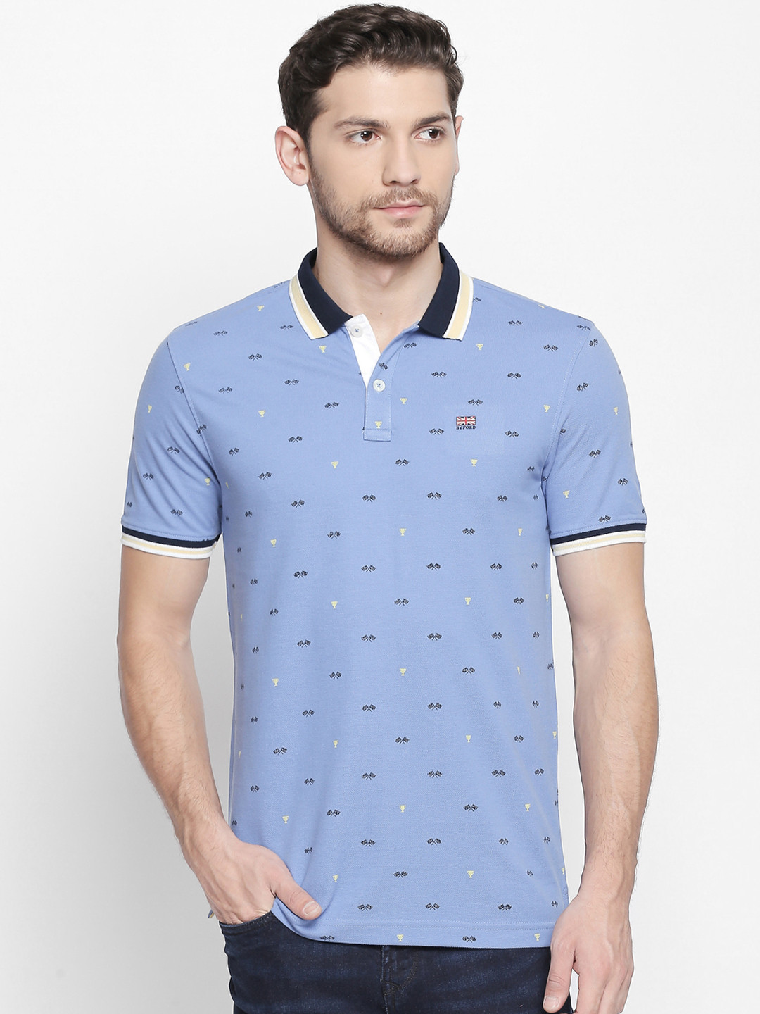 

BYFORD by Pantaloons Men Blue Printed Polo Collar Pure Cotton T-shirt