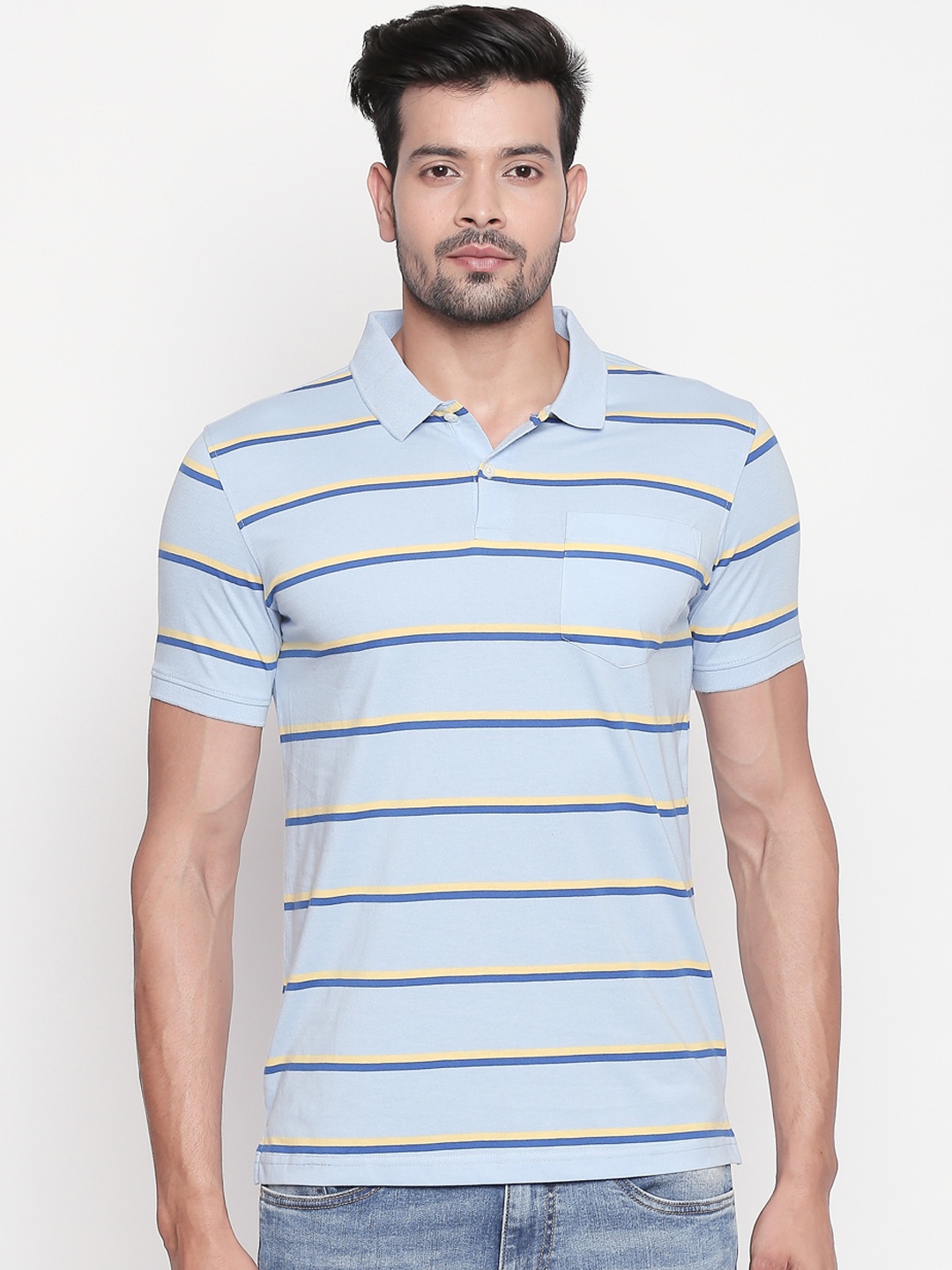

BYFORD by Pantaloons Men Blue Striped Polo Collar T-shirt