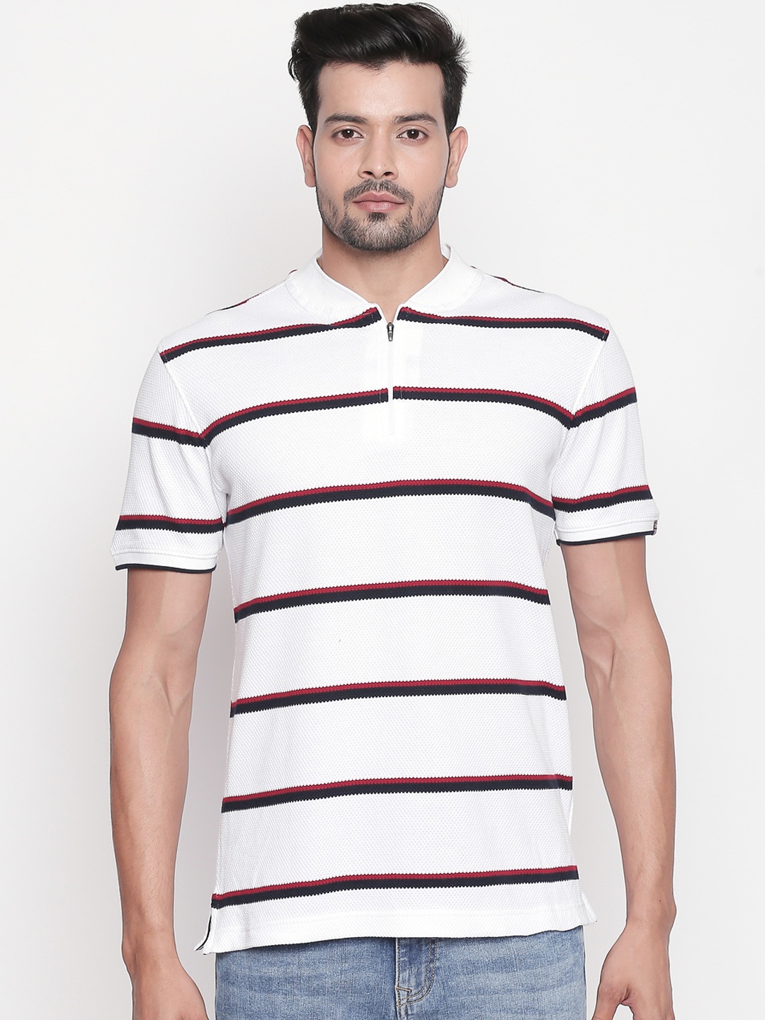 

BYFORD by Pantaloons Men White Black Slim Fit Striped Henley Neck Pure Cotton T-shirt