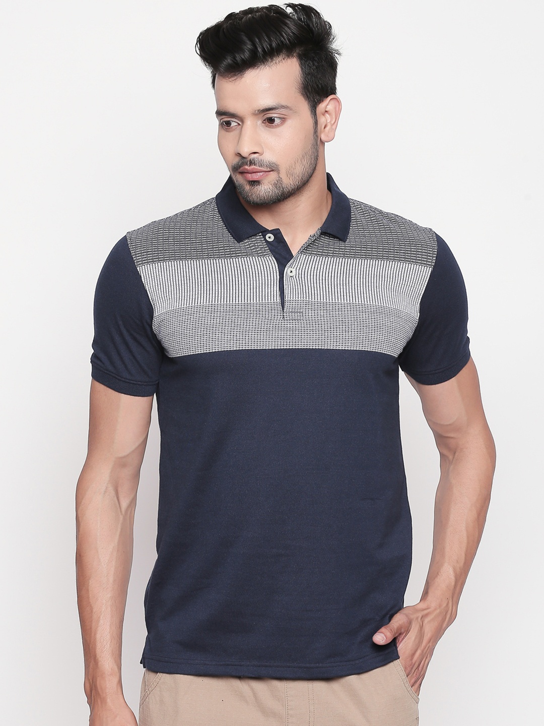 

BYFORD by Pantaloons Men Navy Blue & Grey Slim Fit Colourblocked Polo Collar T-shirt