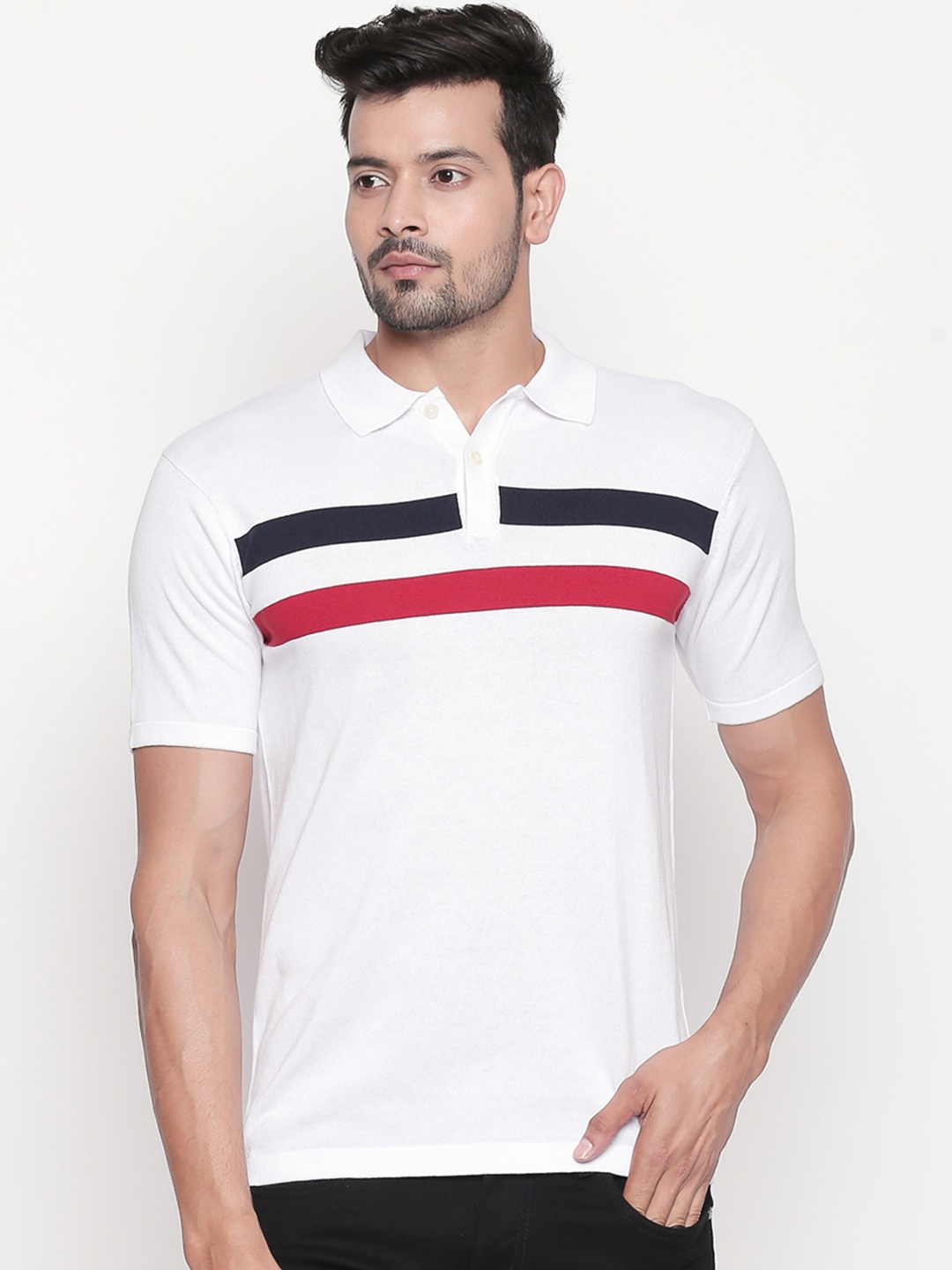 

BYFORD by Pantaloons Men White & Red Slim Fit Striped Polo Collar T-shirt