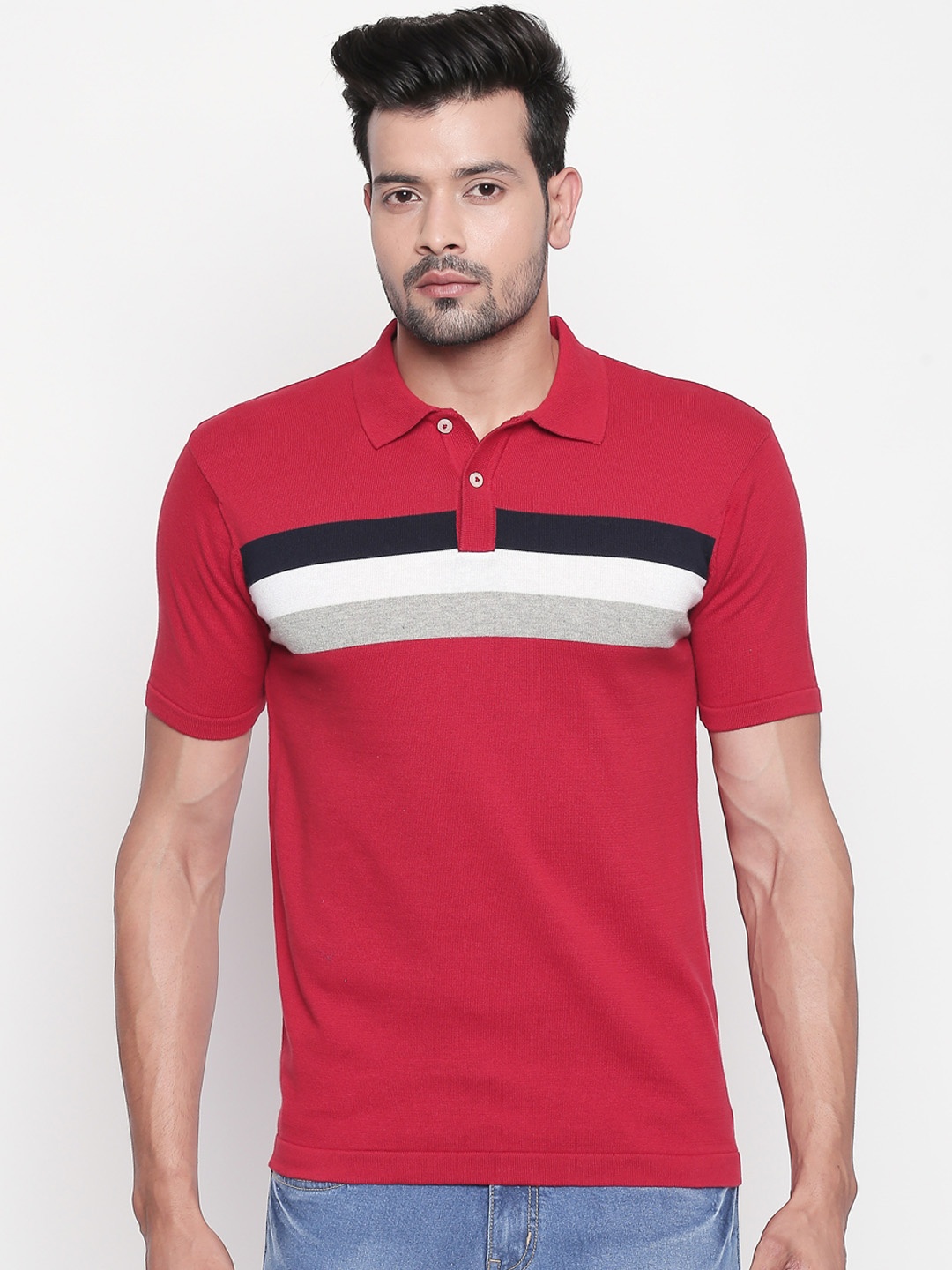 

BYFORD by Pantaloons Men Red & Grey Slim Fit Striped Polo Collar T-shirt