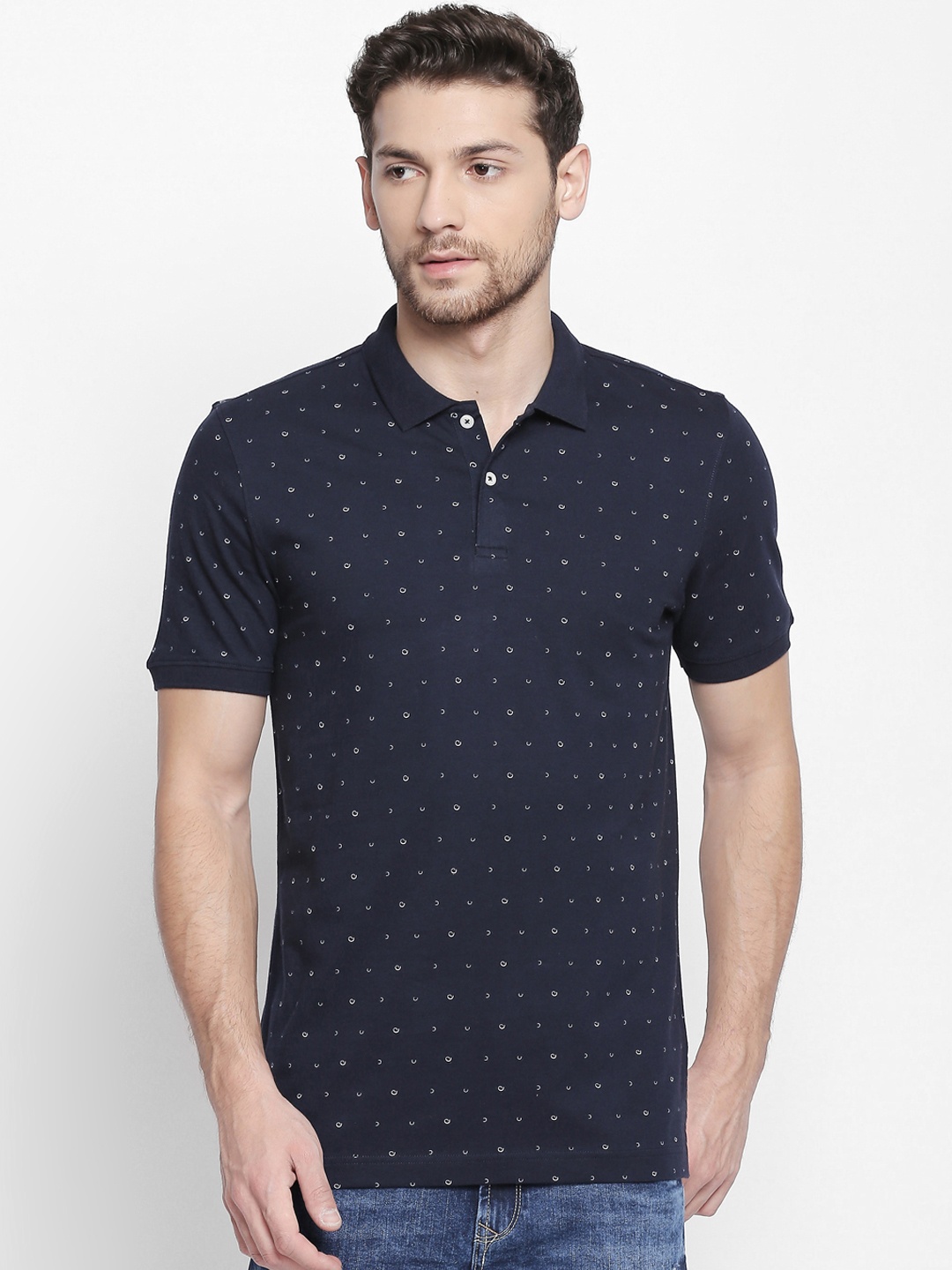 

BYFORD by Pantaloons Men Navy Blue Slim Fit Printed Polo Collar Pure Cotton T-shirt