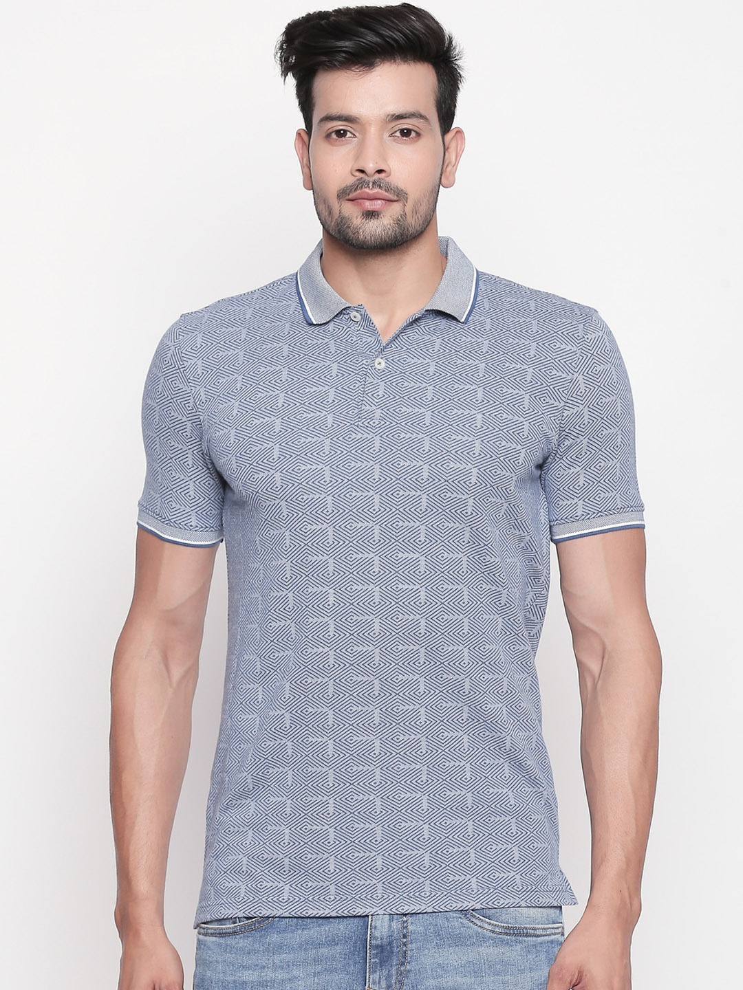 

BYFORD by Pantaloons Men Blue & Grey Printed Polo Collar T-shirt