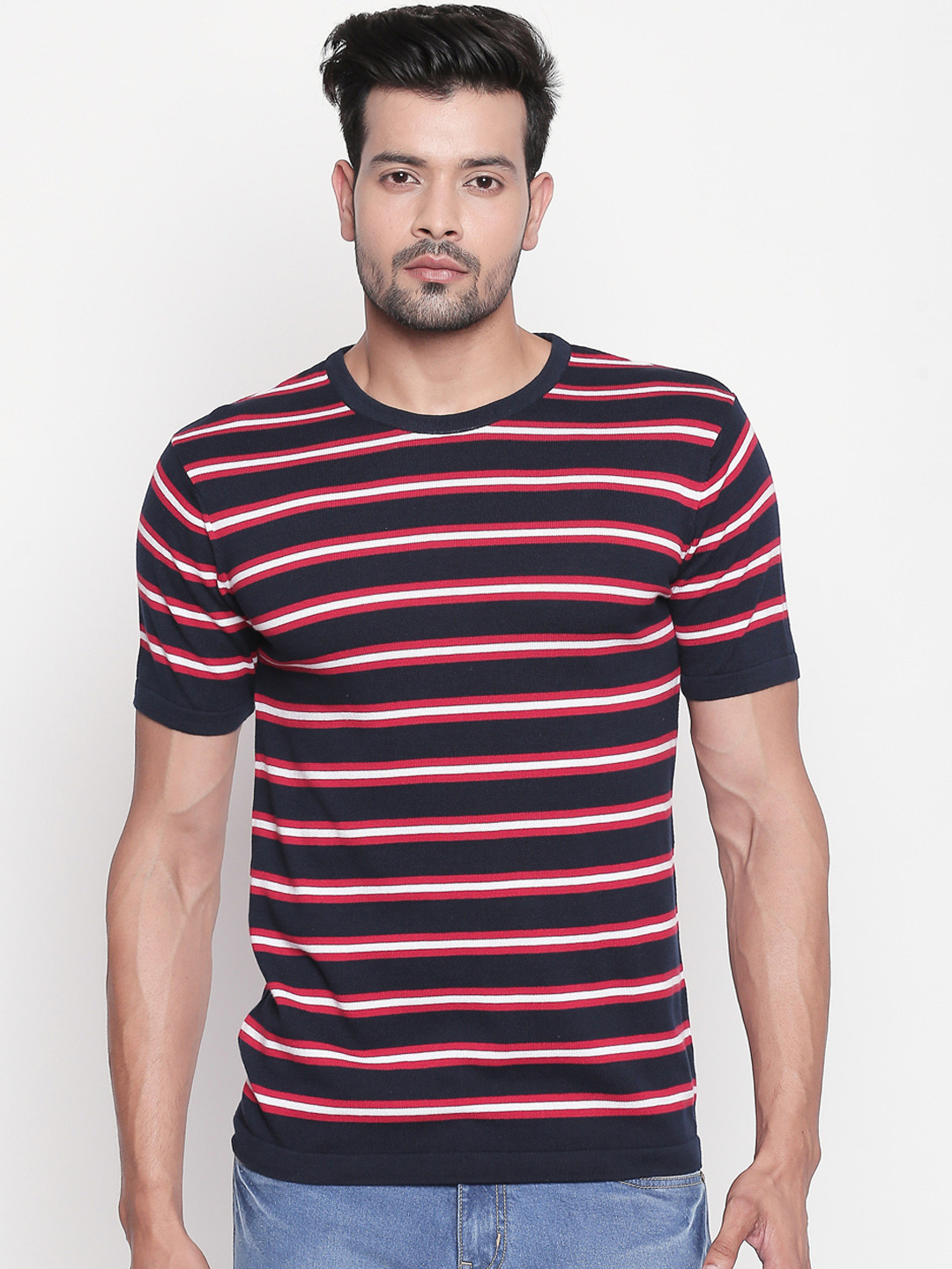 

BYFORD by Pantaloons Men Navy Blue Red Striped Round Neck Pure Cotton T-shirt