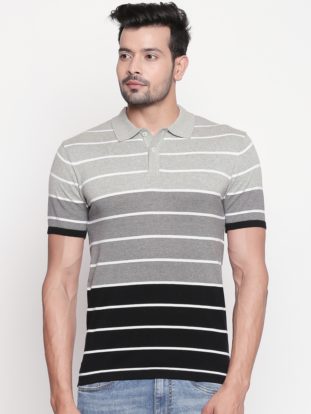 

BYFORD by Pantaloons Men Grey & Black Striped Polo Collar T-shirt