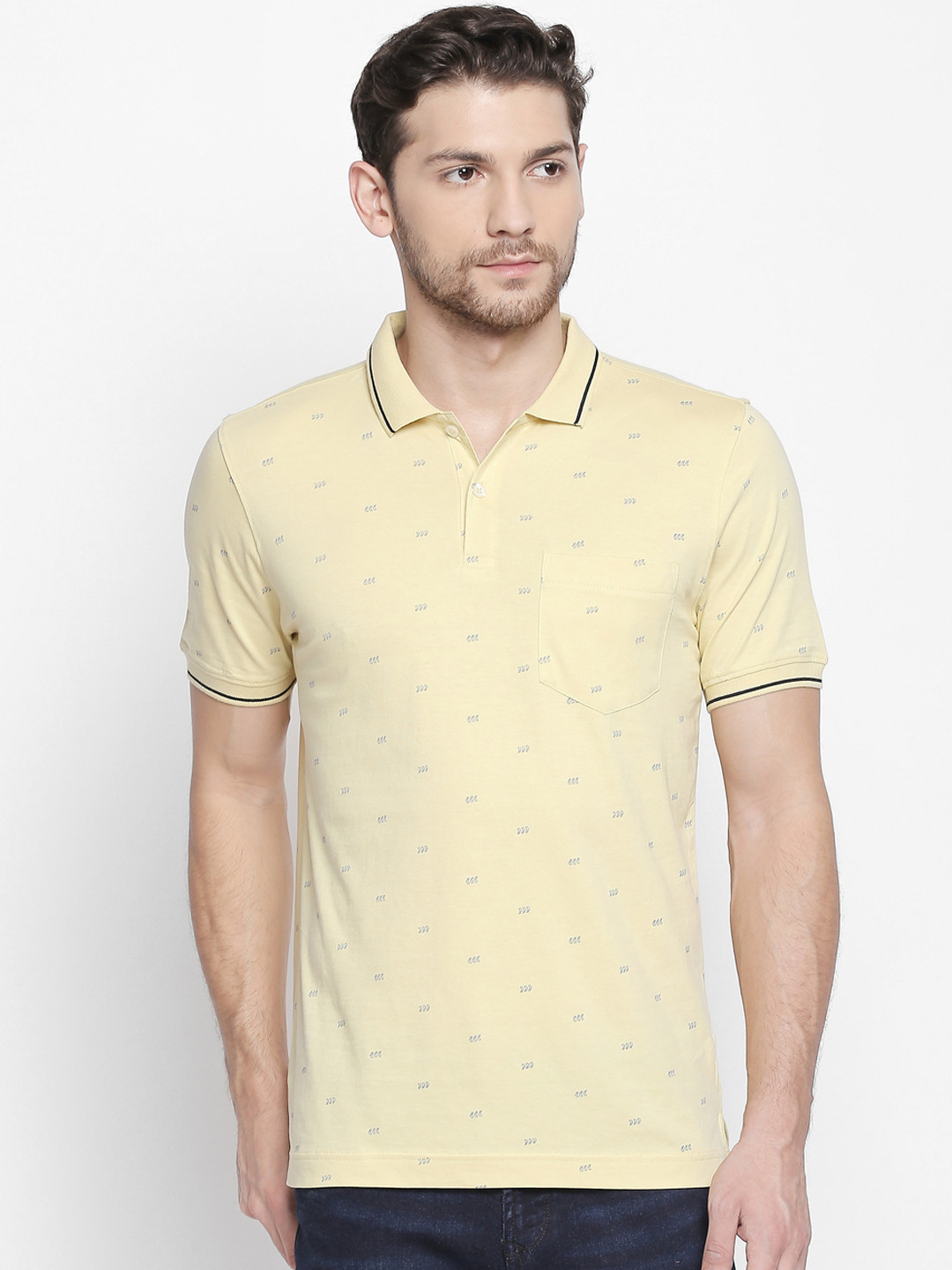

BYFORD by Pantaloons Men Yellow Printed Polo Collar Pure Cotton T-shirt