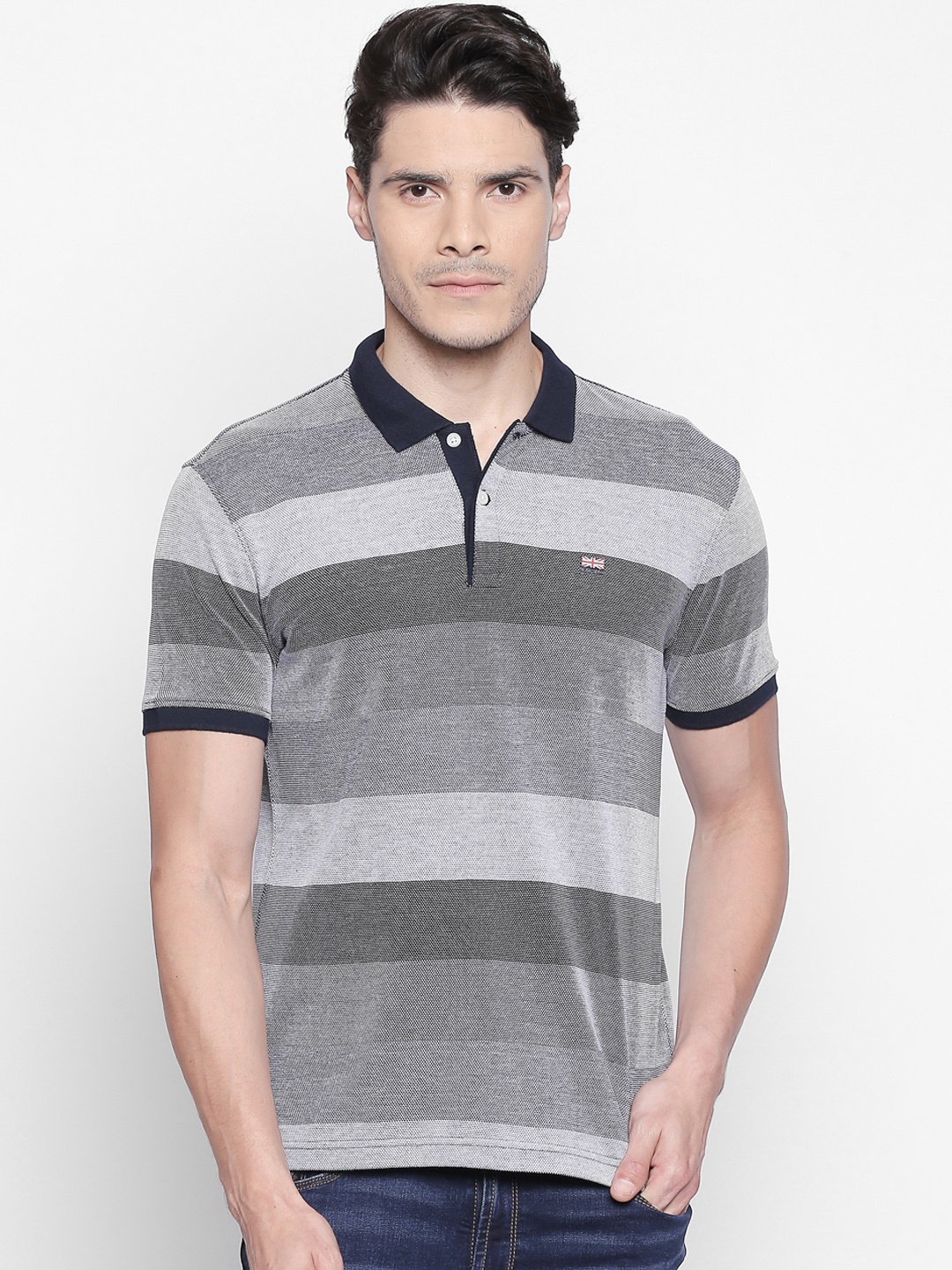 

BYFORD by Pantaloons Men Navy Blue Grey Striped Polo Collar Pure Cotton T-shirt
