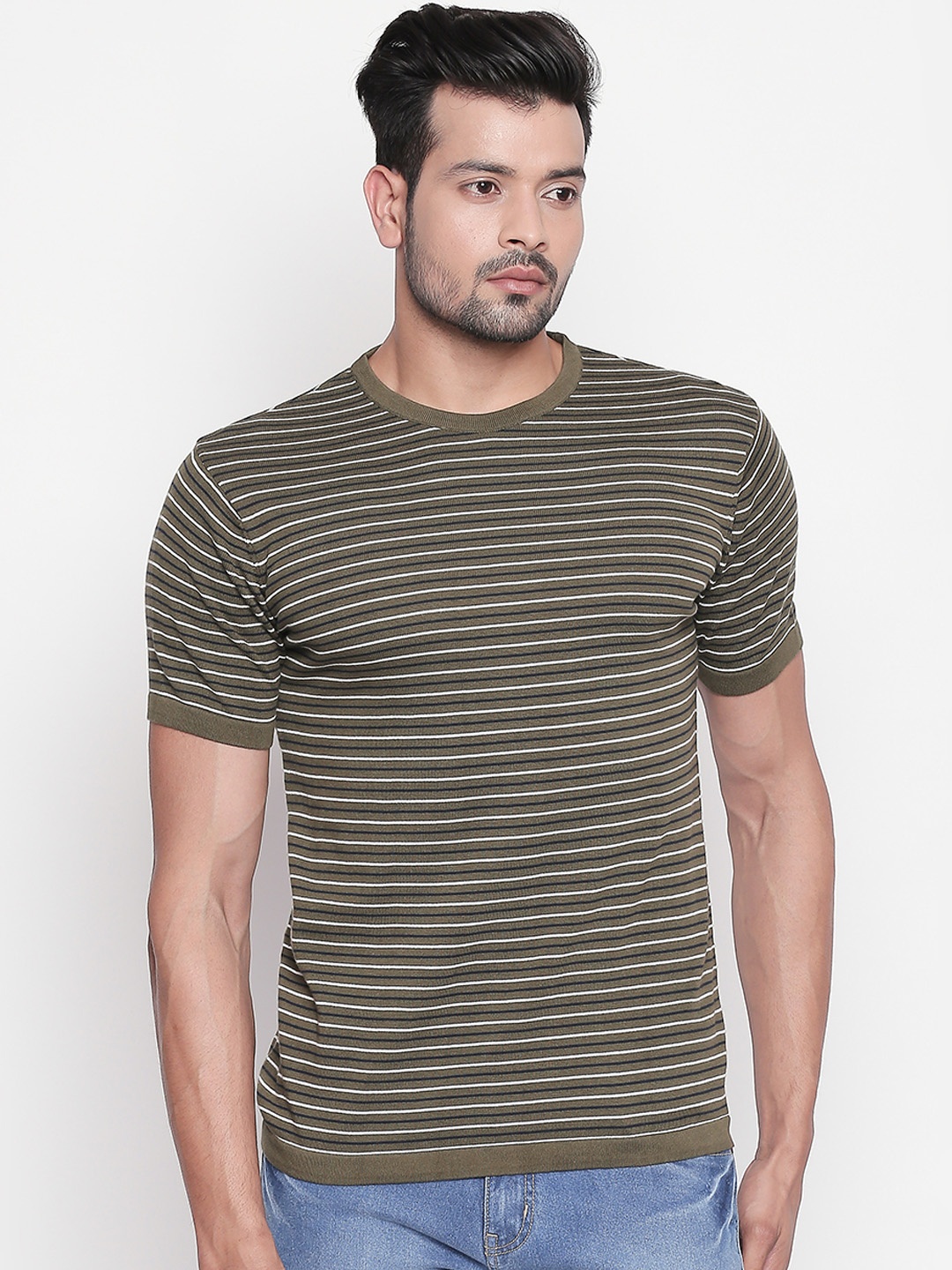 

BYFORD by Pantaloons Men Olive Brown White Striped Round Neck Pure Cotton T-shirt