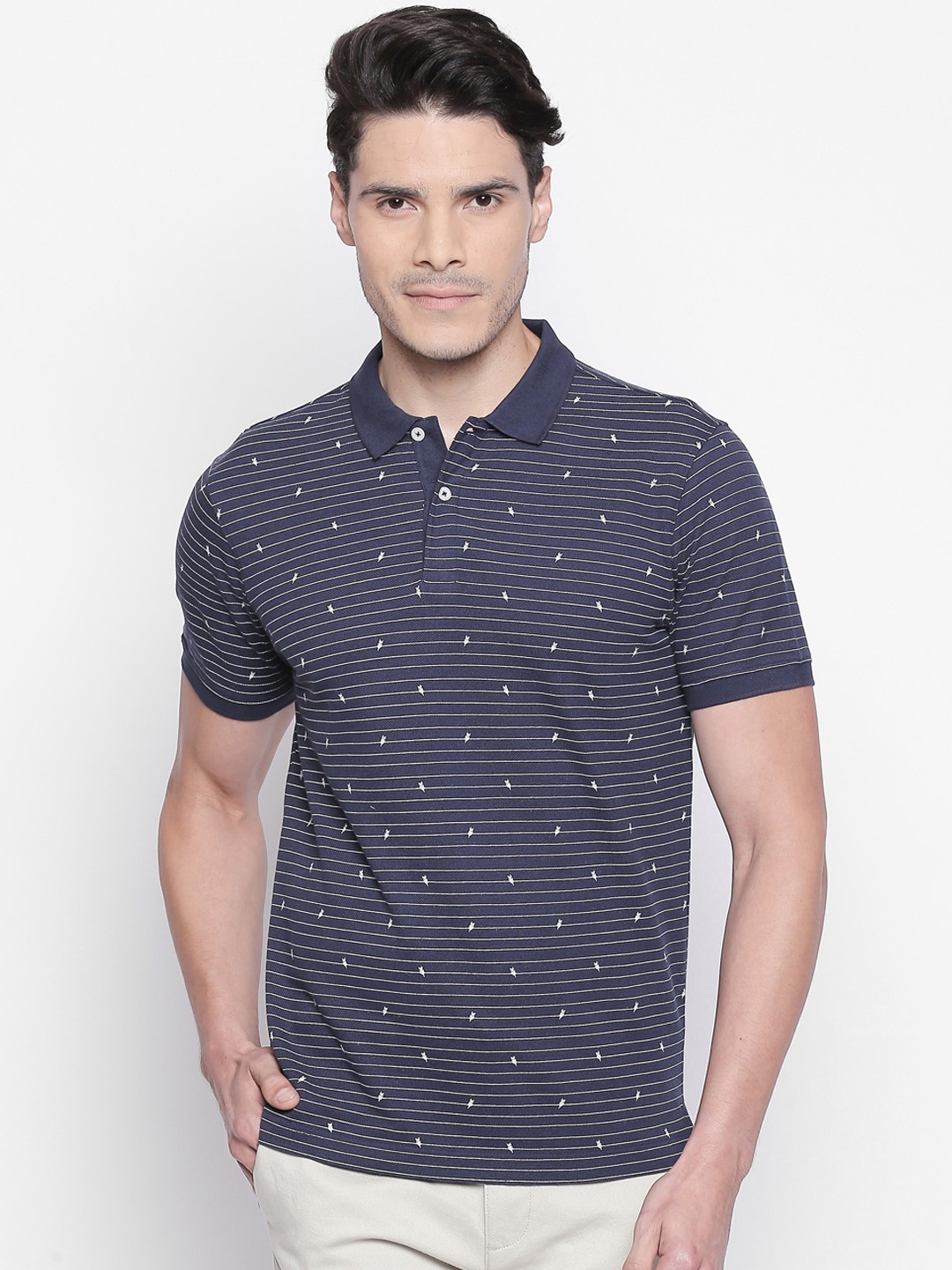 

BYFORD by Pantaloons Men Navy Blue White Striped Polo Collar Pure Cotton T-shirt
