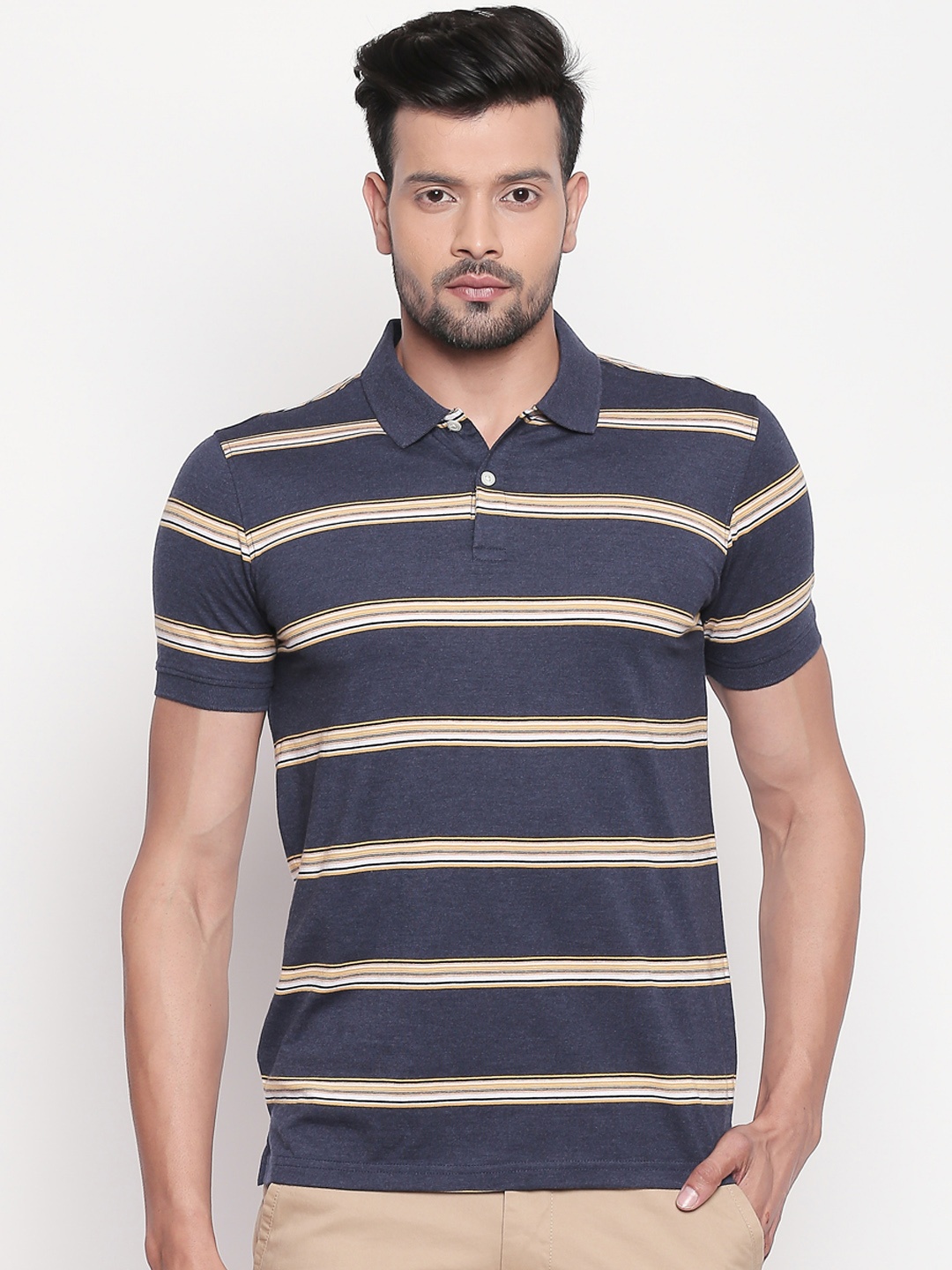 

BYFORD by Pantaloons Men Navy Blue Striped Polo Collar T-shirt