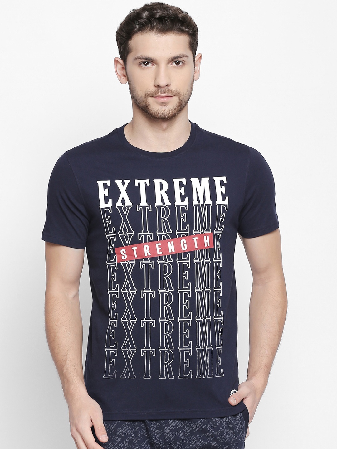 

Ajile by Pantaloons Men Navy Blue Printed Round Neck Slim Fit Pure Cotton T-shirt