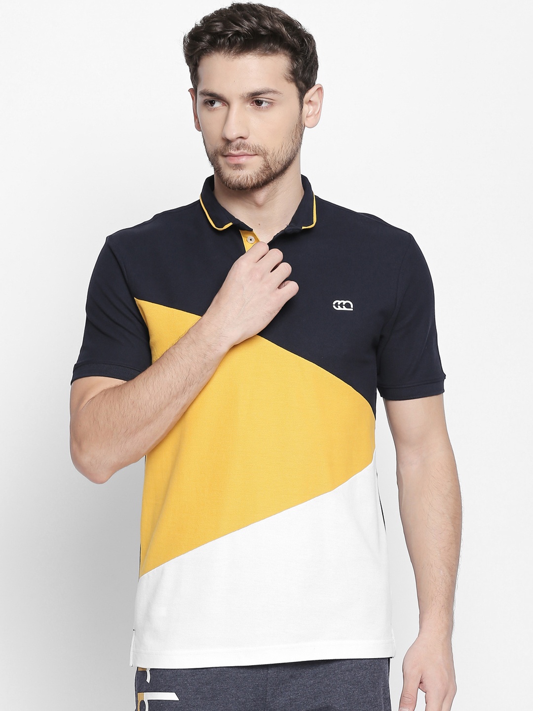 

Ajile by Pantaloons Men Yellow White Colourblocked Polo Collar Slim Fit Pure Cotton T-shirt