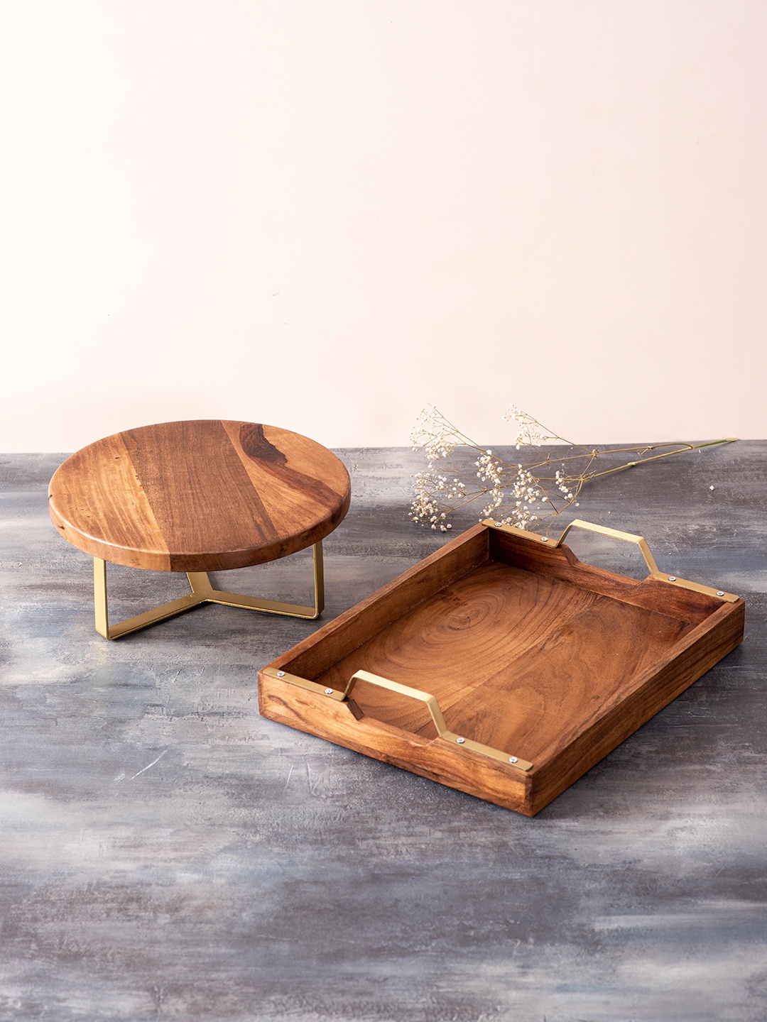 

nestroots Brown Solid Sheesham Wood Cake Stand & Serving Tray