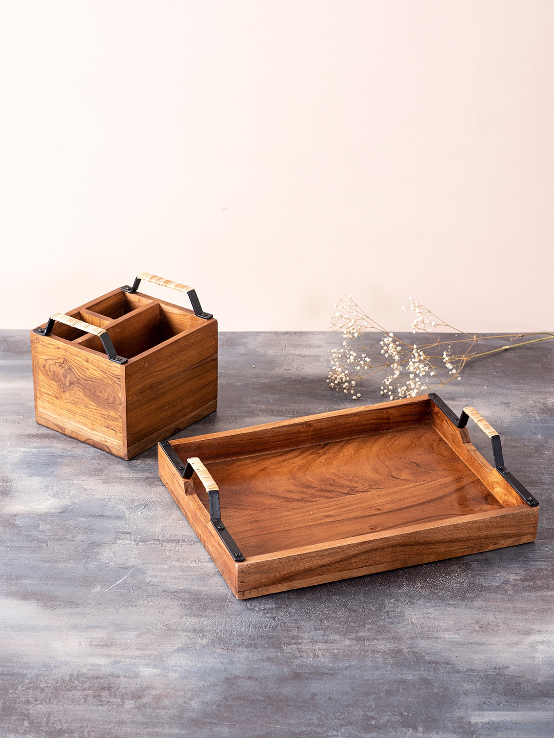 

nestroots Brown Solid Sheesham Wood Serving Tray & Cutlery Holder With Cane
