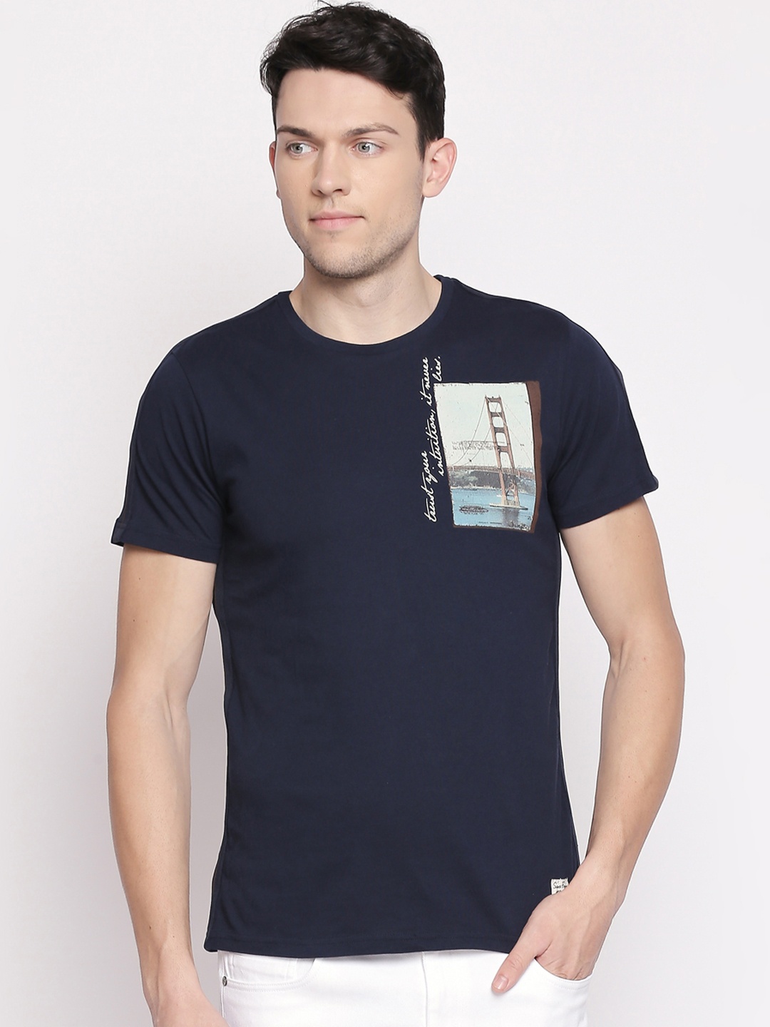 

SF JEANS by Pantaloons Men Navy Blue Printed Round Neck Slim Fit Pure Cotton T-shirt